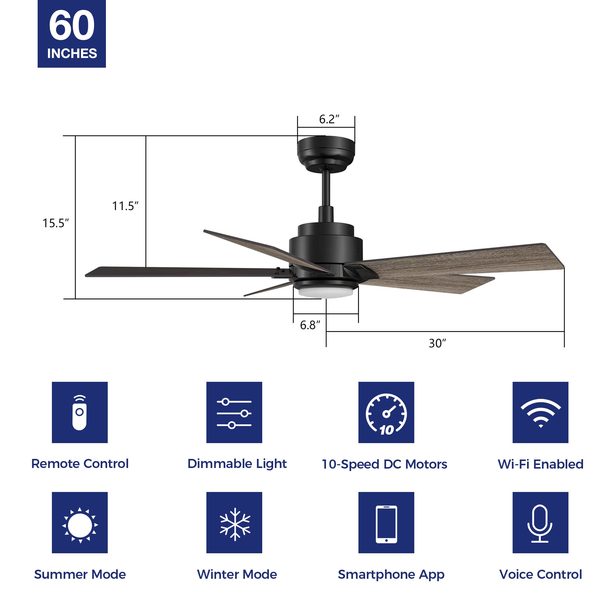 This Aspen 60&#39;&#39; smart ceiling fan keeps your space cool, bright, and stylish. It is a soft modern masterpiece perfect for your large indoor living spaces. This Wifi smart ceiling fan is a simplicity designing with Black finish, use elegant Plywood blades and has an integrated 3999K LED daylight. The fan features Remote control, Wi-Fi apps, Siri Shortcut and Voice control technology (compatible with Amazon Alexa and Google Home Assistant ) to set fan preferences. 