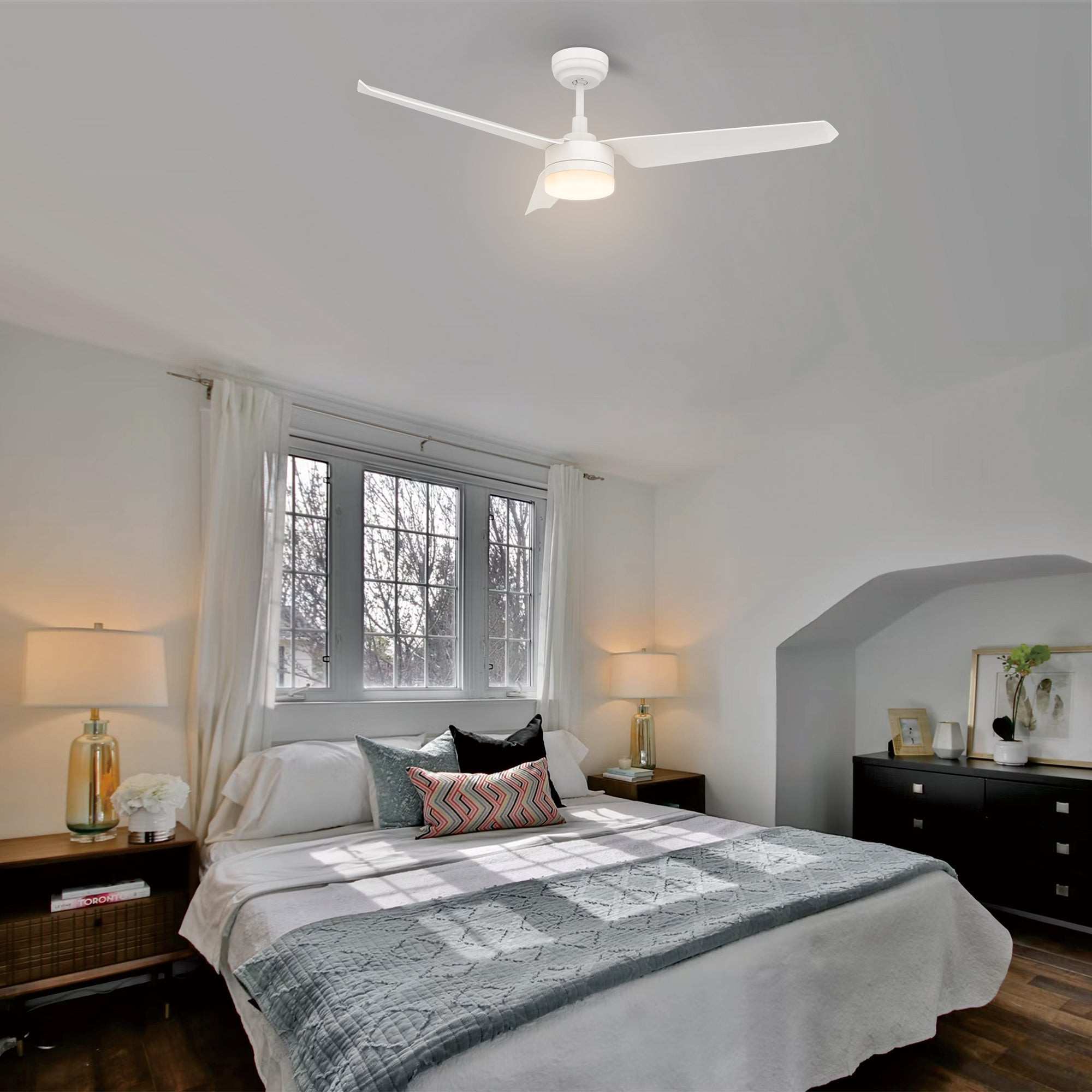 This Attis 52&#39;&#39; smart ceiling fan keeps your space cool, bright, and stylish. It is a soft modern masterpiece perfect for your large indoor living spaces. This Wifi smart ceiling fan is a simplicity designing with White finish, use very strong ABS blades and has an integrated 4000K LED daylight. The fan features Remote control, Wi-Fi apps, Siri Shortcut and Voice control technology (compatible with Amazon Alexa and Google Home Assistant ) to set fan preferences. 