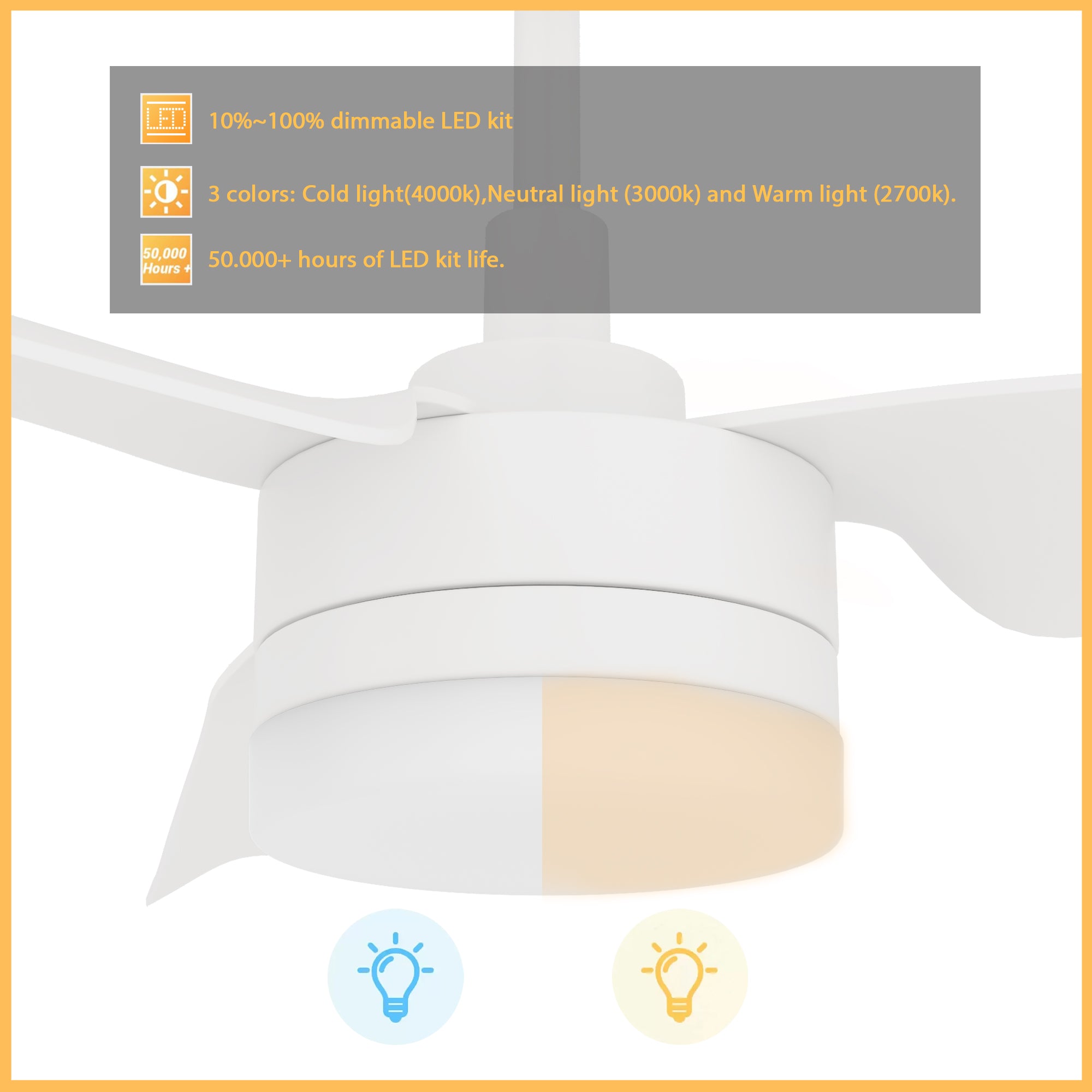 This Attis 52&#39;&#39; smart ceiling fan keeps your space cool, bright, and stylish. It is a soft modern masterpiece perfect for your large indoor living spaces. This Wifi smart ceiling fan is a simplicity designing with White finish, use very strong ABS blades and has an integrated 4000K LED daylight. The fan features Remote control, Wi-Fi apps, Siri Shortcut and Voice control technology (compatible with Amazon Alexa and Google Home Assistant ) to set fan preferences. 