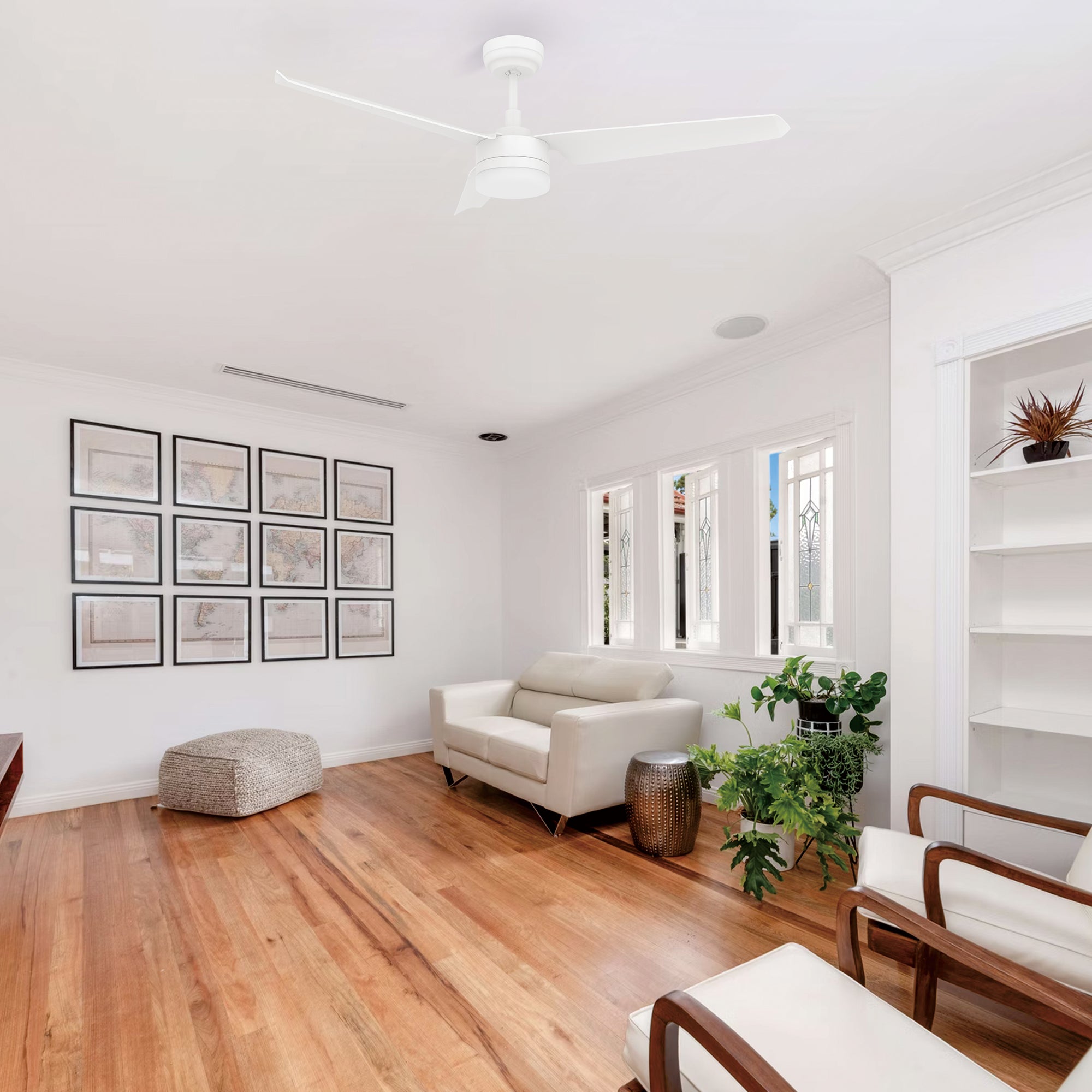 This Attis 52&#39;&#39; smart ceiling fan keeps your space cool, bright, and stylish. It is a soft modern masterpiece perfect for your large indoor living spaces. This Wifi smart ceiling fan is a simplicity designing with White finish, use very strong ABS blades and has an integrated 4000K LED daylight. The fan features Remote control, Wi-Fi apps, Siri Shortcut and Voice control technology (compatible with Amazon Alexa and Google Home Assistant ) to set fan preferences. 
