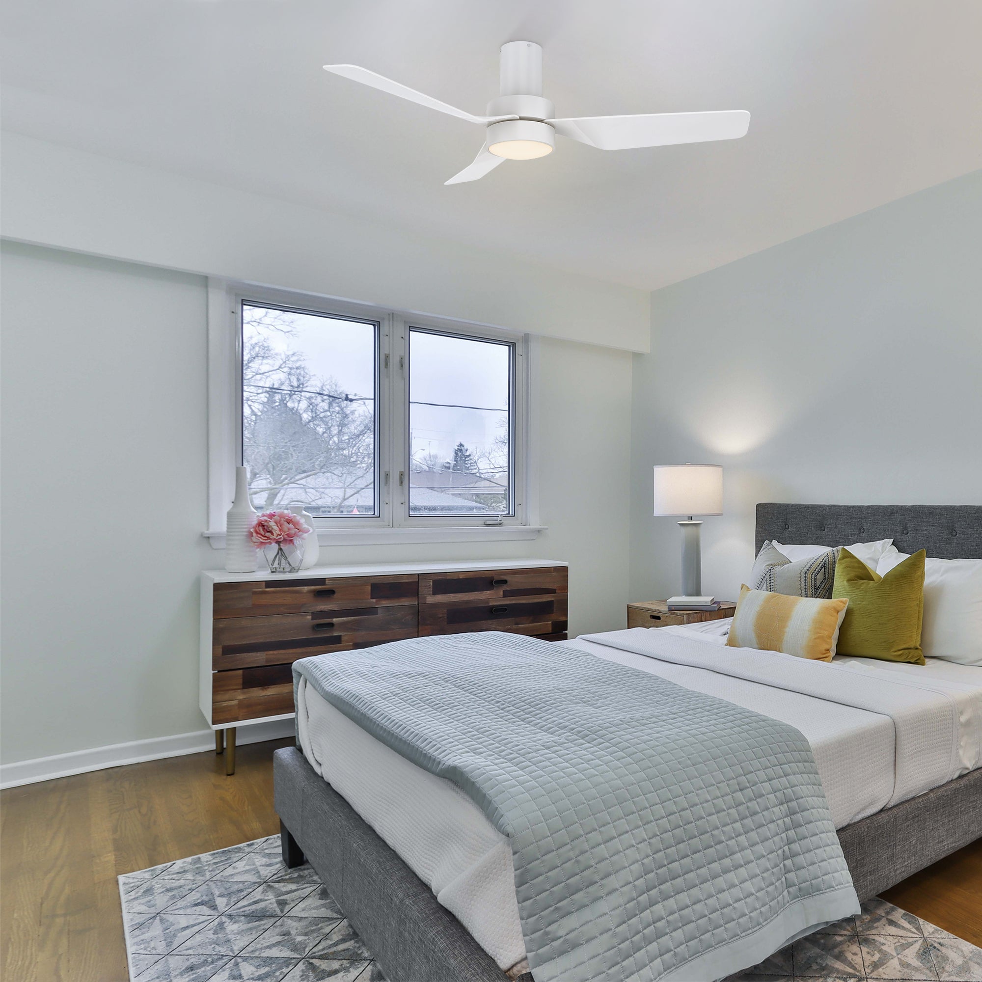 This Barnet 44&#39;&#39; smart ceiling fan keeps your space cool, bright, and stylish. It is a soft modern masterpiece perfect for your indoor living spaces. This Wifi smart ceiling fan is a simplicity designing with White finish, use very strong ABS blades and has an integrated 4000K LED cool light. The fan features Remote control, Wi-Fi apps, Siri Shortcut and Voice control technology (compatible with Amazon Alexa and Google Home Assistant ) to set fan preferences. 