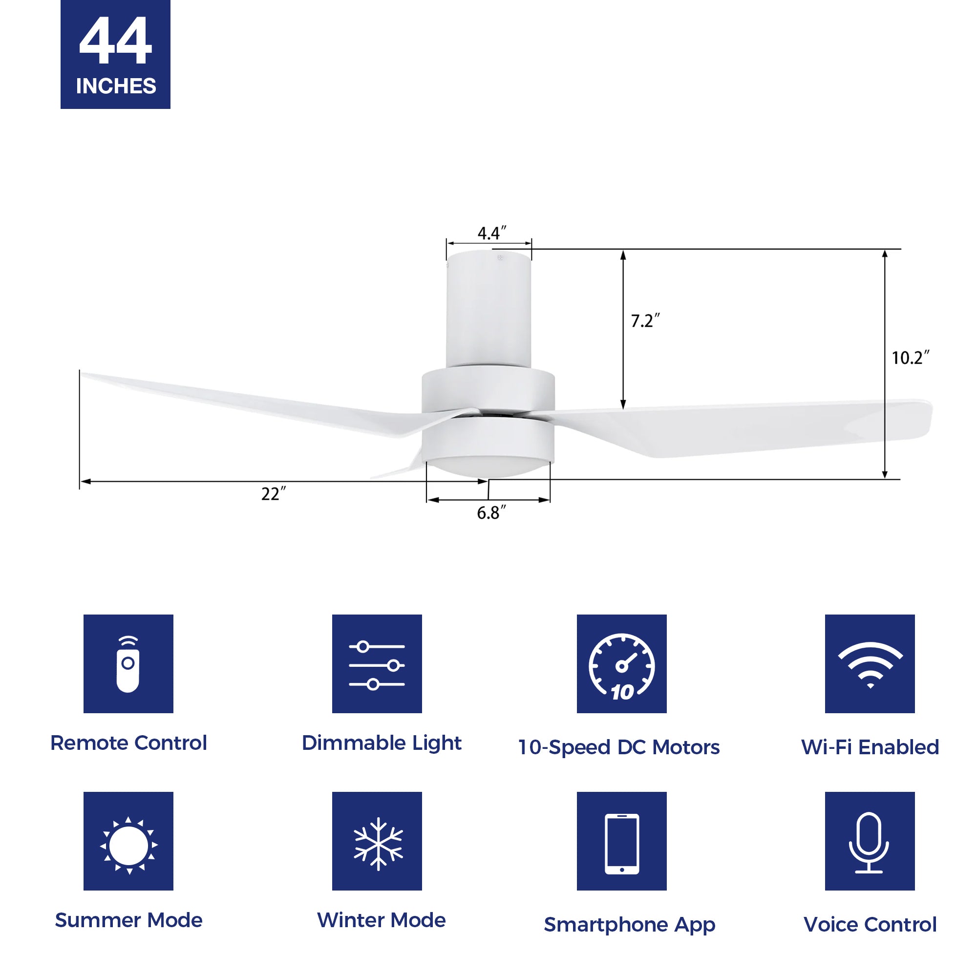 This Barnet 44&#39;&#39; smart ceiling fan keeps your space cool, bright, and stylish. It is a soft modern masterpiece perfect for your indoor living spaces. This Wifi smart ceiling fan is a simplicity designing with White finish, use very strong ABS blades and has an integrated 4000K LED cool light. The fan features Remote control, Wi-Fi apps, Siri Shortcut and Voice control technology (compatible with Amazon Alexa and Google Home Assistant ) to set fan preferences. 