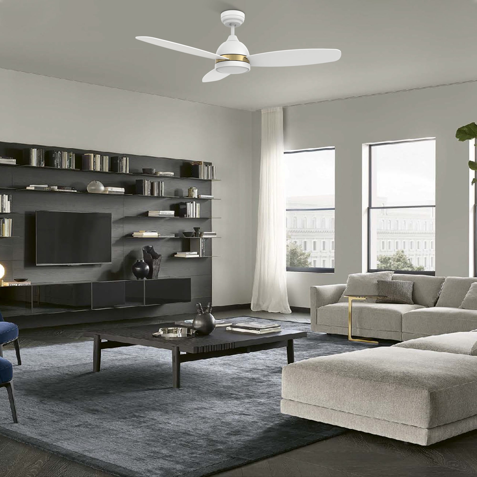 This Biscay 48&#39;&#39; smart ceiling fan keeps your space cool, bright, and stylish. It is a soft modern masterpiece perfect for your large indoor living spaces. This Wifi smart ceiling fan is a simplicity designing with White finish, use elegant Plywood blades and has an integrated 4000K LED daylight. The fan features Remote control, Wi-Fi apps, Siri Shortcut and Voice control technology (compatible with Amazon Alexa and Google Home Assistant ) to set fan preferences.