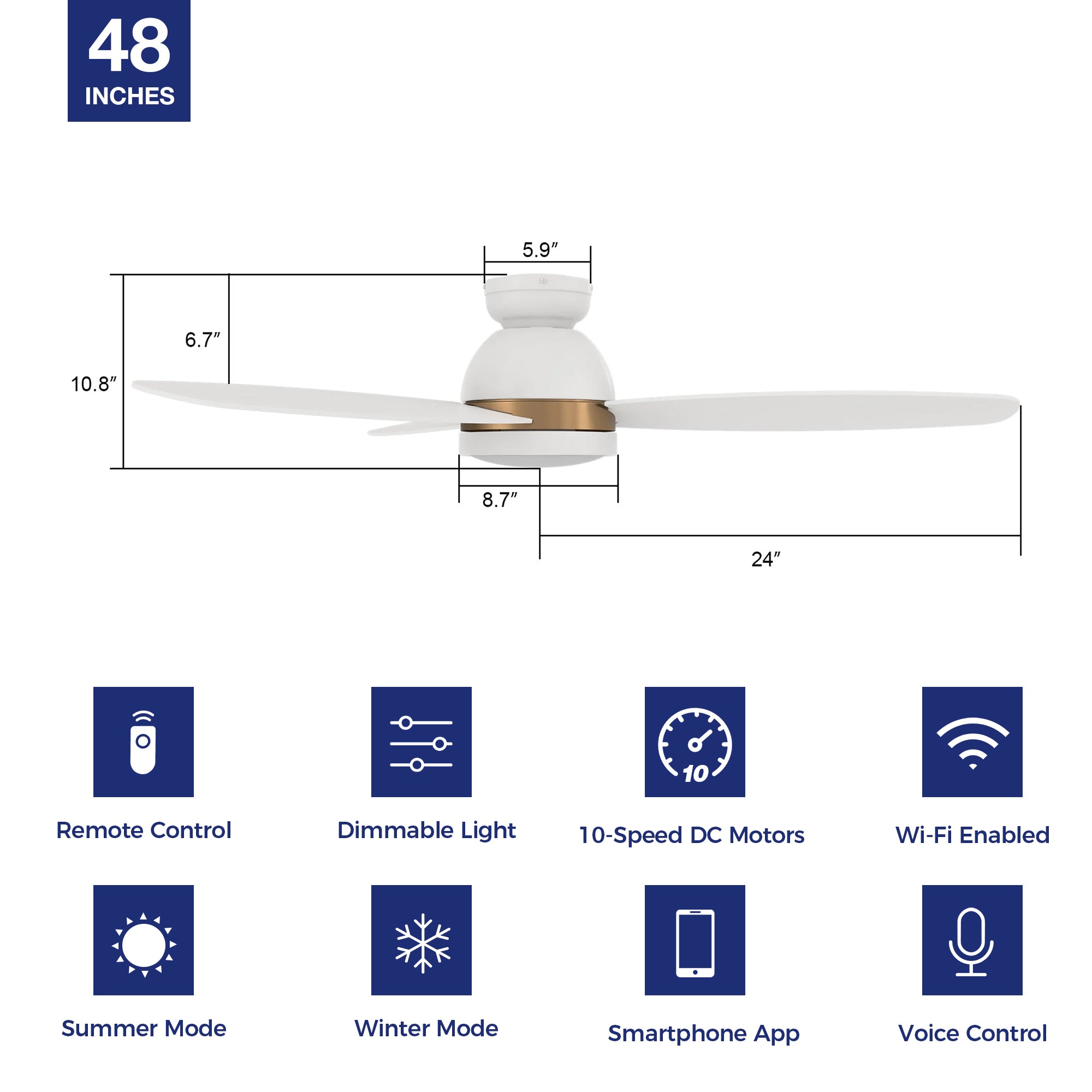 This Biscay 48'' smart ceiling fan keeps your space cool, bright, and stylish. It is a soft modern masterpiece perfect for your large indoor living spaces. This Wifi smart ceiling fan is a simplicity designing with White finish, use elegant Plywood blades and has an integrated 4000K LED daylight. The fan features Remote control, Wi-Fi apps, Siri Shortcut and Voice control technology (compatible with Amazon Alexa and Google Home Assistant ) to set fan preferences. #color_white