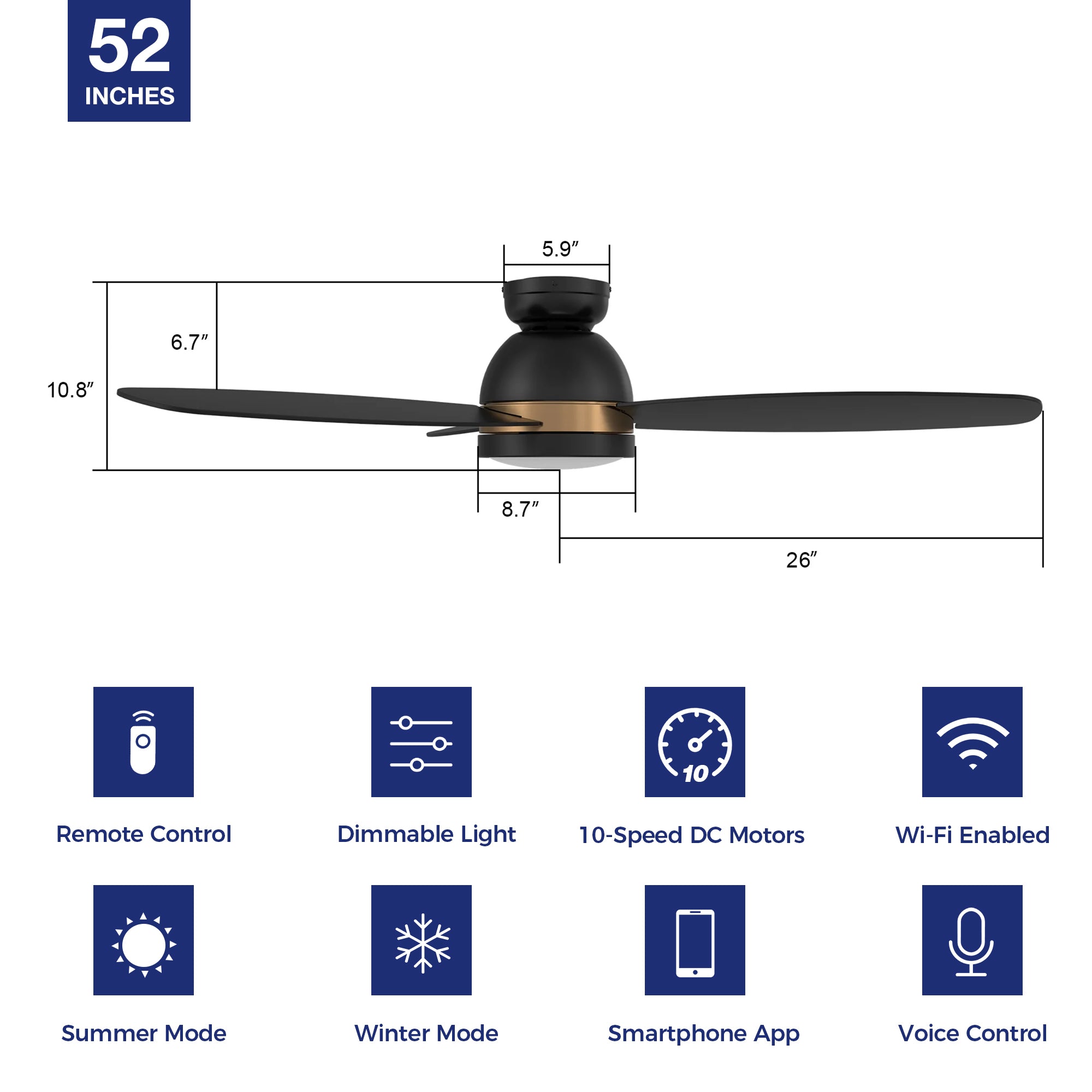 The Transform your home into a space of ultimate relaxation and comfort with the Smafan Biscay smart ceiling fan. The fan features a modern exterior with a sleek metal motor hub, elegantly burnished blades, and bold accents to blend seamlessly into contemporary décor. The fan’s interior is equipped with state-of-the-art motor and lighting equipment to create a comfortable environment in any space. Select from a crisp white finish for minimalist spaces or a bold black finish for modern spaces. #color_black