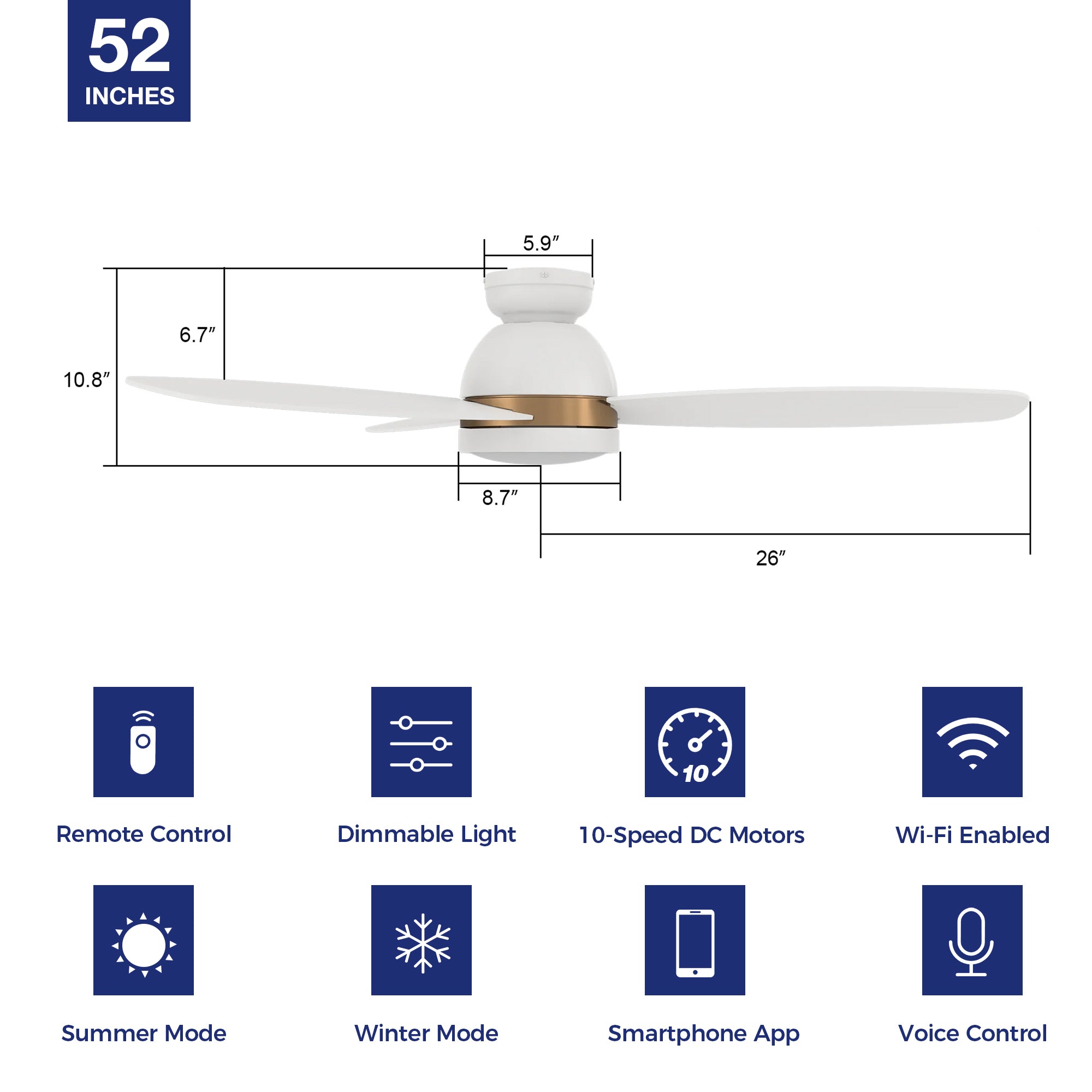 This Biscay 52'' smart ceiling fan keeps your space cool, bright, and stylish. It is a soft modern masterpiece perfect for your large indoor living spaces. This Wifi smart ceiling fan is a simplicity designing with White finish, use elegant Plywood blades and has an integrated 4000K LED daylight. The fan features Remote control, Wi-Fi apps, Siri Shortcut and Voice control technology (compatible with Amazon Alexa and Google Home Assistant ) to set fan preferences. #color_white