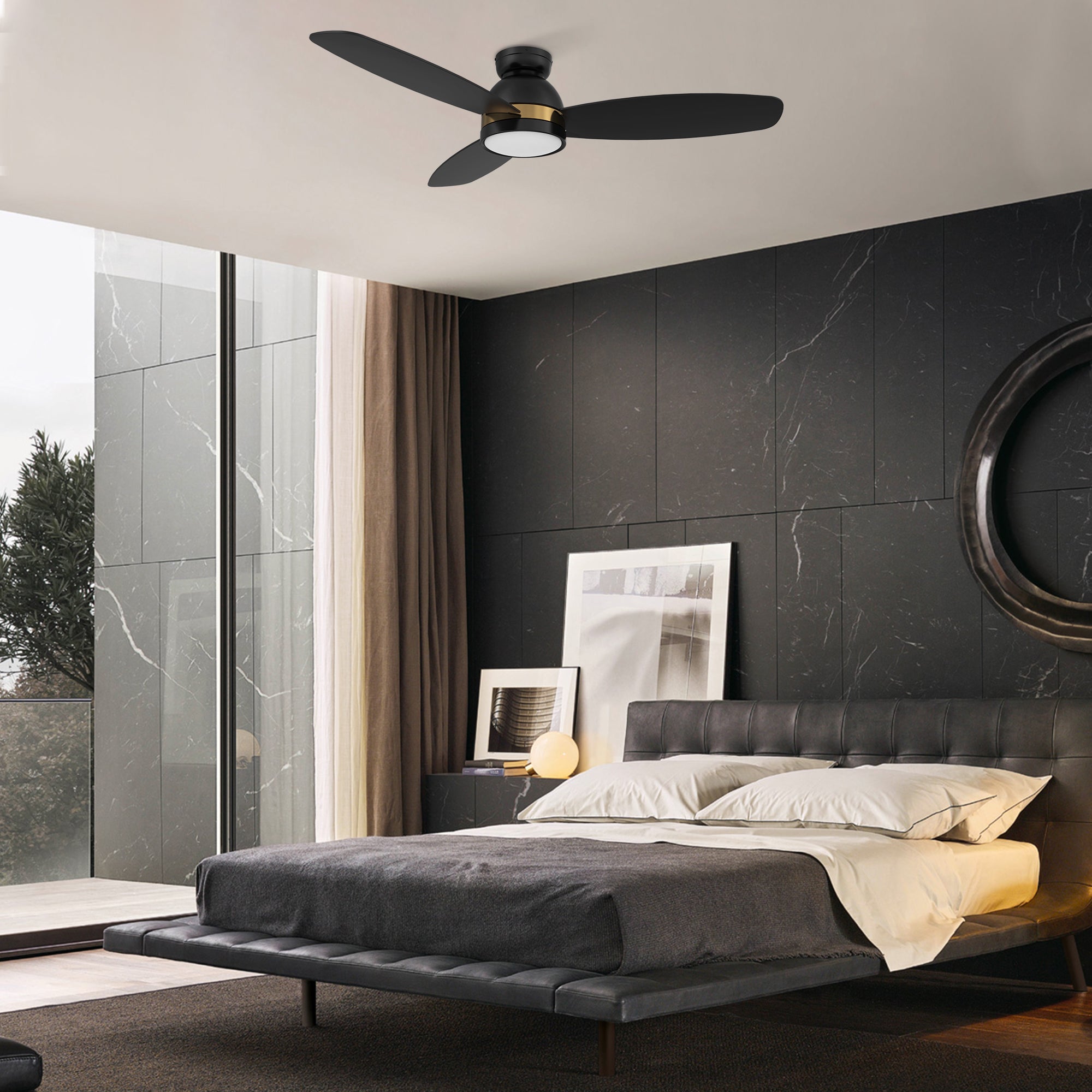 The Transform your home into a space of ultimate relaxation and comfort with the Smafan Biscay smart ceiling fan. The fan features a modern exterior with a sleek metal motor hub, elegantly burnished blades, and bold accents to blend seamlessly into contemporary décor. The fan’s interior is equipped with state-of-the-art motor and lighting equipment to create a comfortable environment in any space. Select from a crisp white finish for minimalist spaces or a bold black finish for modern spaces. #color_black