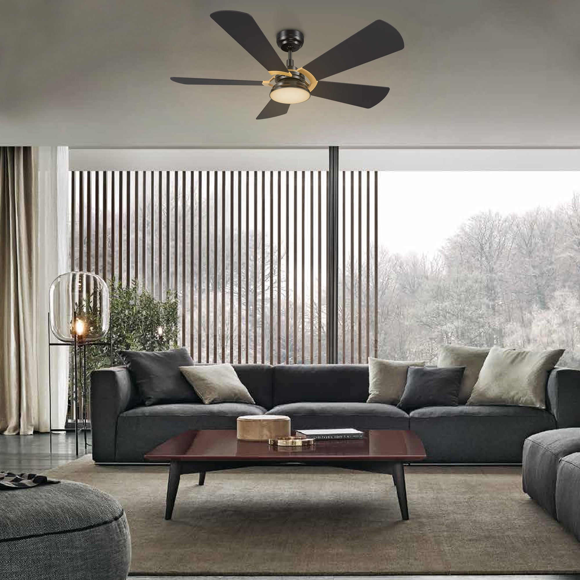 This Bradford52'' smart ceiling fan keeps your space cool, bright, and stylish. It is a soft modern masterpiece perfect for your large indoor living spaces. This Wifi smart ceiling fan is a simplicity designing with Black finish, use elegant Plywood blades and has an integrated 4000K LED daylight. The fan features Remote control, Wi-Fi apps, Siri Shortcut and Voice control technology (compatible with Amazon Alexa and Google Home Assistant ) to set fan preferences. #color_black