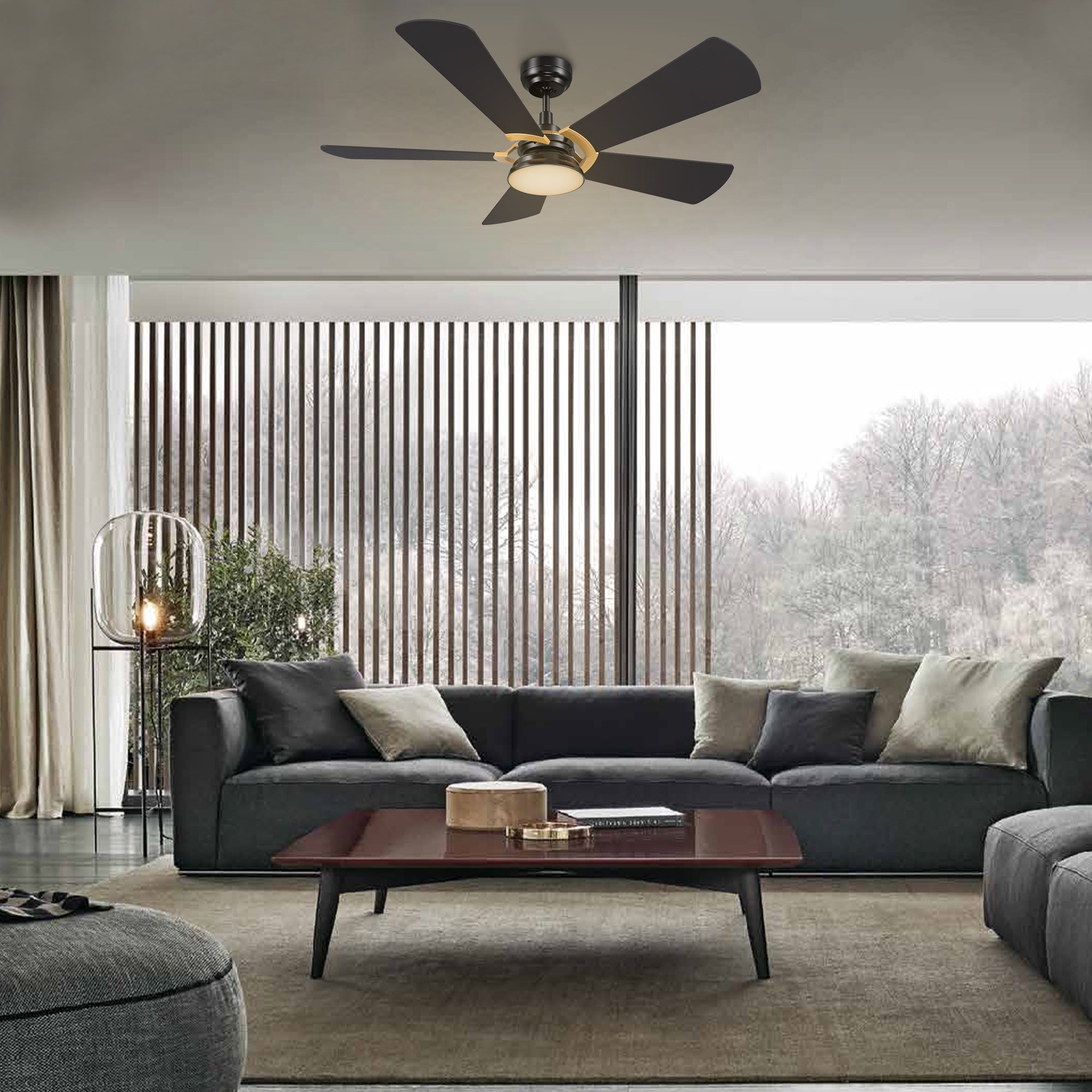 This Bradford52&#39;&#39; smart ceiling fan keeps your space cool, bright, and stylish. It is a soft modern masterpiece perfect for your large indoor living spaces. This Wifi smart ceiling fan is a simplicity designing with Black finish, use elegant Plywood blades and has an integrated 4000K LED daylight. The fan features Remote control, Wi-Fi apps, Siri Shortcut and Voice control technology (compatible with Amazon Alexa and Google Home Assistant ) to set fan preferences. 