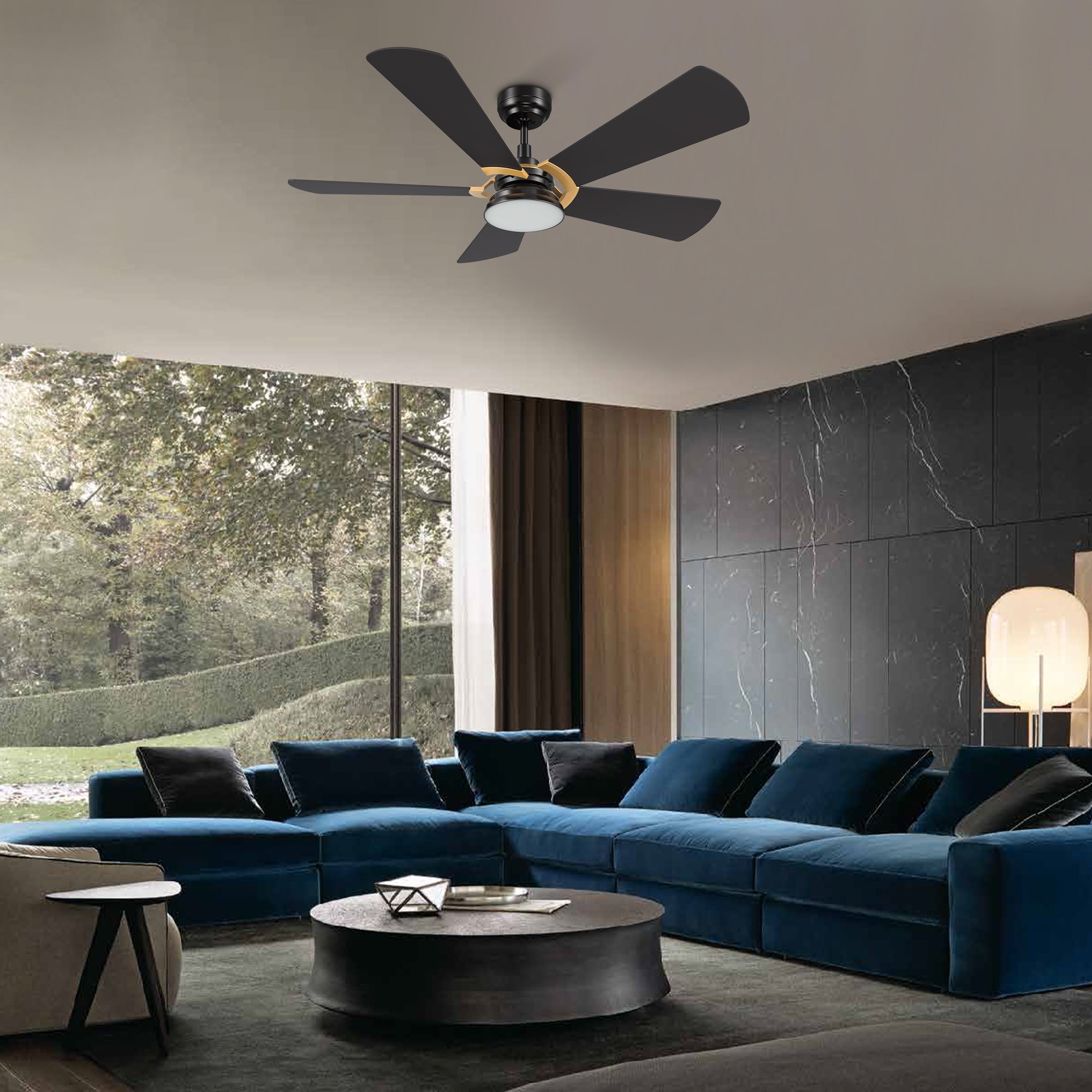 This Bradford52'' smart ceiling fan keeps your space cool, bright, and stylish. It is a soft modern masterpiece perfect for your large indoor living spaces. This Wifi smart ceiling fan is a simplicity designing with Black finish, use elegant Plywood blades and has an integrated 4000K LED daylight. The fan features Remote control, Wi-Fi apps, Siri Shortcut and Voice control technology (compatible with Amazon Alexa and Google Home Assistant ) to set fan preferences. #color_black