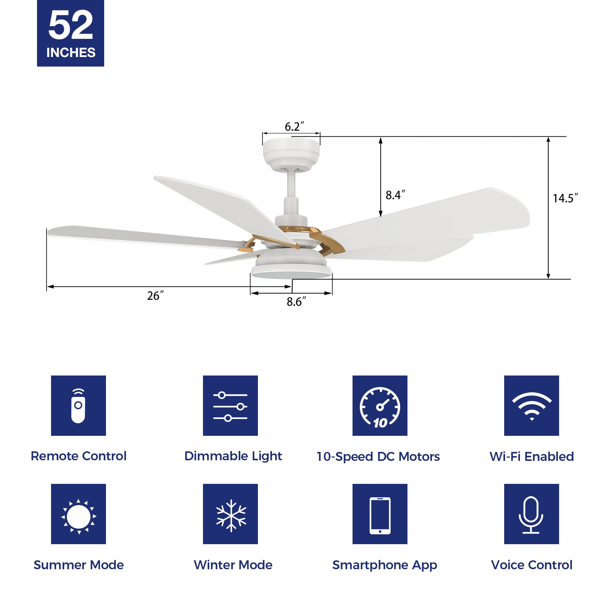 This Bradford52&#39;&#39; smart ceiling fan keeps your space cool, bright, and stylish. It is a soft modern masterpiece perfect for your large indoor living spaces. This Wifi smart ceiling fan is a simplicity designing with White finish, use elegant Plywood blades and has an integrated 4000K LED daylight. The fan features Remote control, Wi-Fi apps, Siri Shortcut and Voice control technology (compatible with Amazon Alexa and Google Home Assistant ) to set fan preferences. 