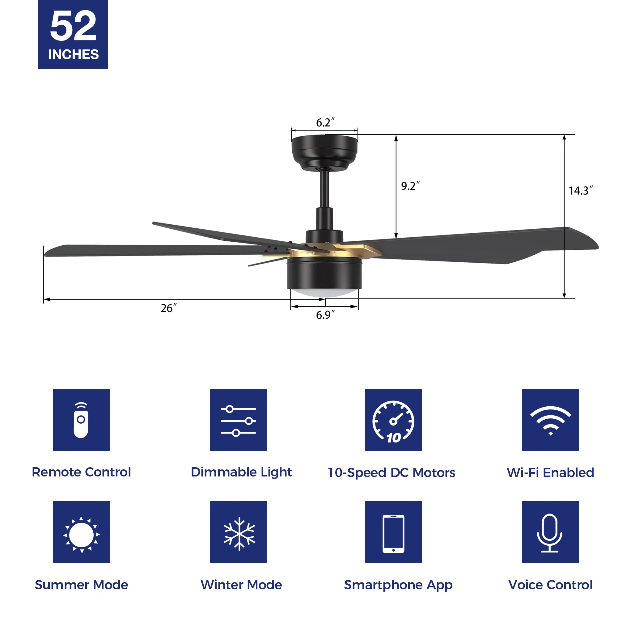 This Brescia 52&#39;&#39; smart ceiling fan keeps your space cool, bright, and stylish. It is a soft modern masterpiece perfect for your large indoor living spaces. This Wifi smart ceiling fan is a simplicity designing with Black finish, use elegant Plywood blades and has an integrated 4000K LED cool light. The fan features Remote control, Wi-Fi apps, Siri Shortcut and Voice control technology (compatible with Amazon Alexa and Google Home Assistant ) to set fan preferences. 