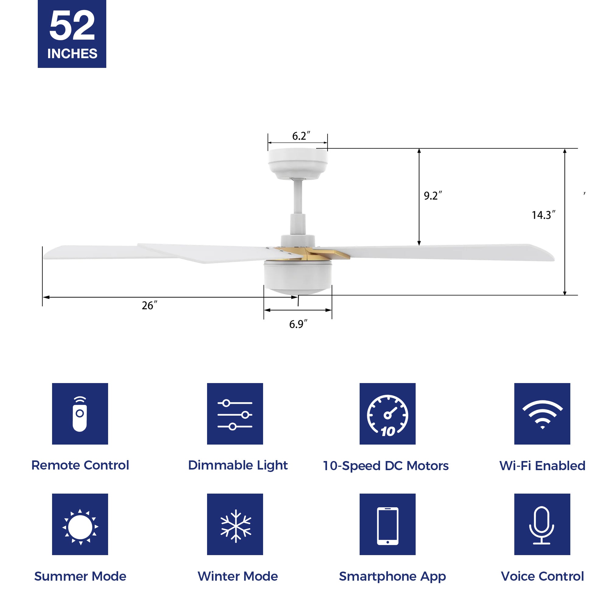This Brescia 52&#39;&#39; smart ceiling fan keeps your space cool, bright, and stylish. It is a soft modern masterpiece perfect for your large indoor living spaces. This Wifi smart ceiling fan is a simplicity designing with White finish, use elegant Plywood blades and has an integrated 4000K LED cool light. The fan features Remote control, Wi-Fi apps, Siri Shortcut and Voice control technology (compatible with Amazon Alexa and Google Home Assistant ) to set fan preferences. 