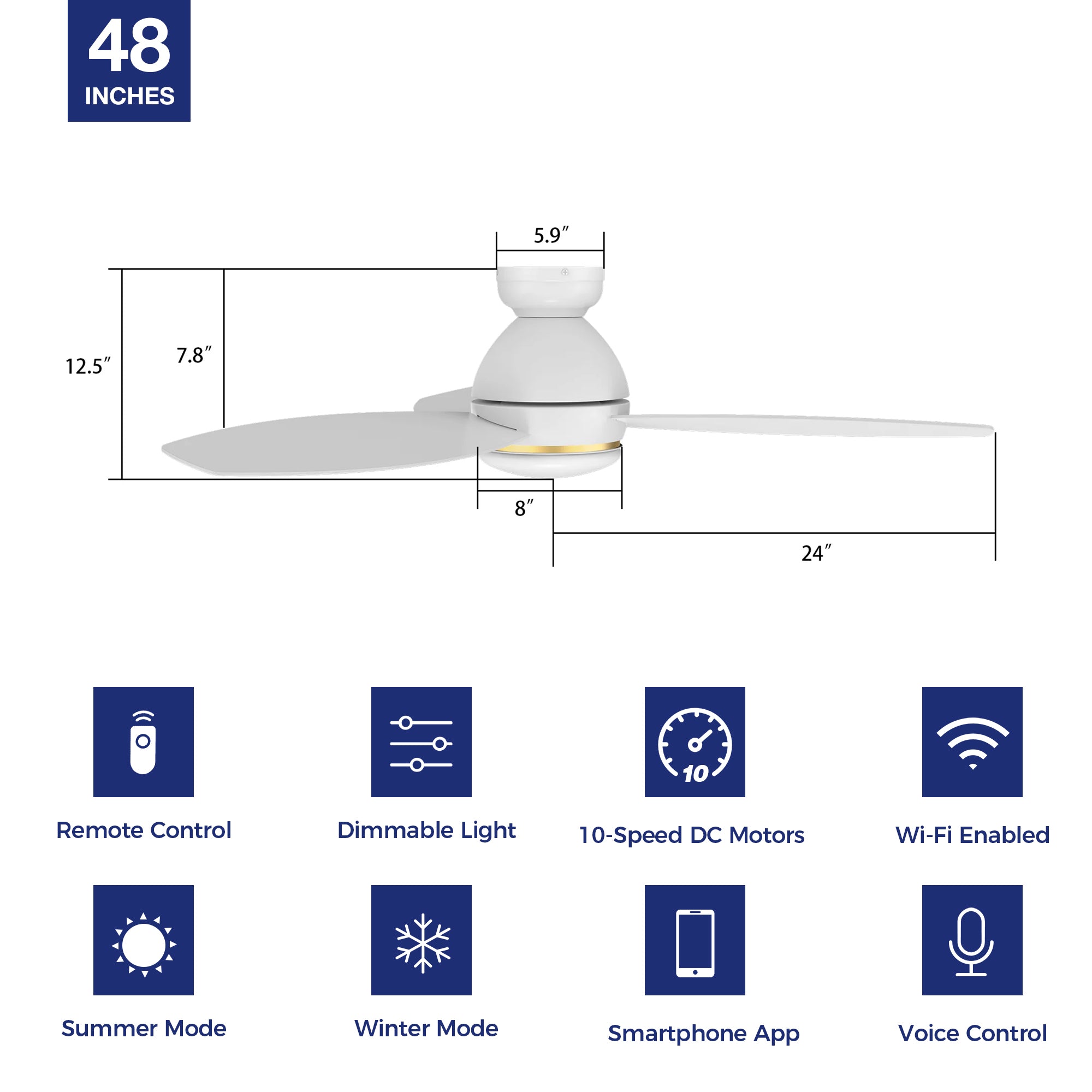 This Bretton 48'' smart ceiling fan keeps your space cool, bright, and stylish. It is a soft modern masterpiece perfect for your large living spaces. This Wifi smart ceiling fan is a simplicity designing with White finish, use elegant Plywood blades and has an integrated 4000K LED daylight. The fan features Remote control, Wi-Fi apps, Siri Shortcut and Voice control technology (compatible with Amazon Alexa and Google Home Assistant ) to set fan preferences. #color_white