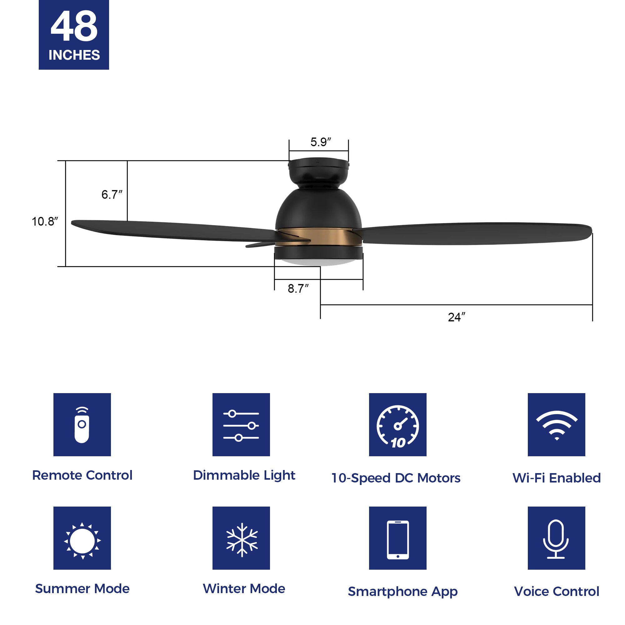 This Biscay 48&#39;&#39; smart ceiling fan keeps your space cool, bright, and stylish. It is a soft modern masterpiece perfect for your large indoor living spaces. This Wifi smart ceiling fan is a simplicity designing with Black finish, use elegant Plywood blades and has an integrated 4000K LED daylight. The fan features Remote control, Wi-Fi apps, Siri Shortcut and Voice control technology (compatible with Amazon Alexa and Google Home Assistant ) to set fan preferences. 