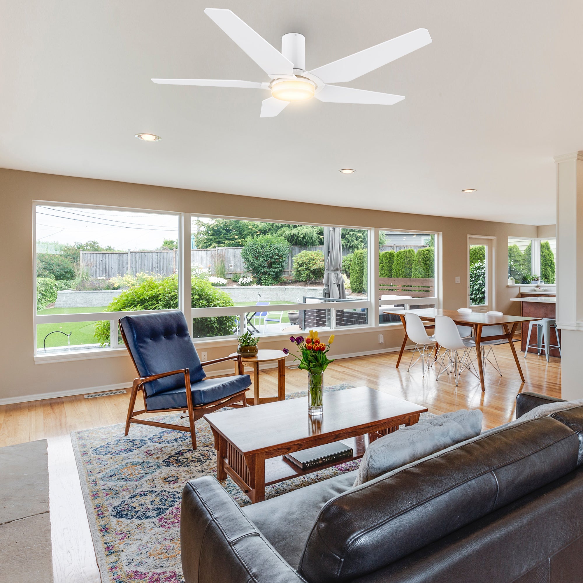 This Voyager 52'' smart ceiling fan keeps your space cool, bright, and stylish. It is a soft modern masterpiece perfect for your large indoor living spaces. This Wifi smart ceiling fan is a simplicity designing with White finish, use elegant Plywood blades, Glass shade and has an integrated 4000K LED cool light. The fan features Remote control, Wi-Fi apps, Siri Shortcut and Voice control technology (compatible with Amazon Alexa and Google Home Assistant ) to set fan preferences.#color_white