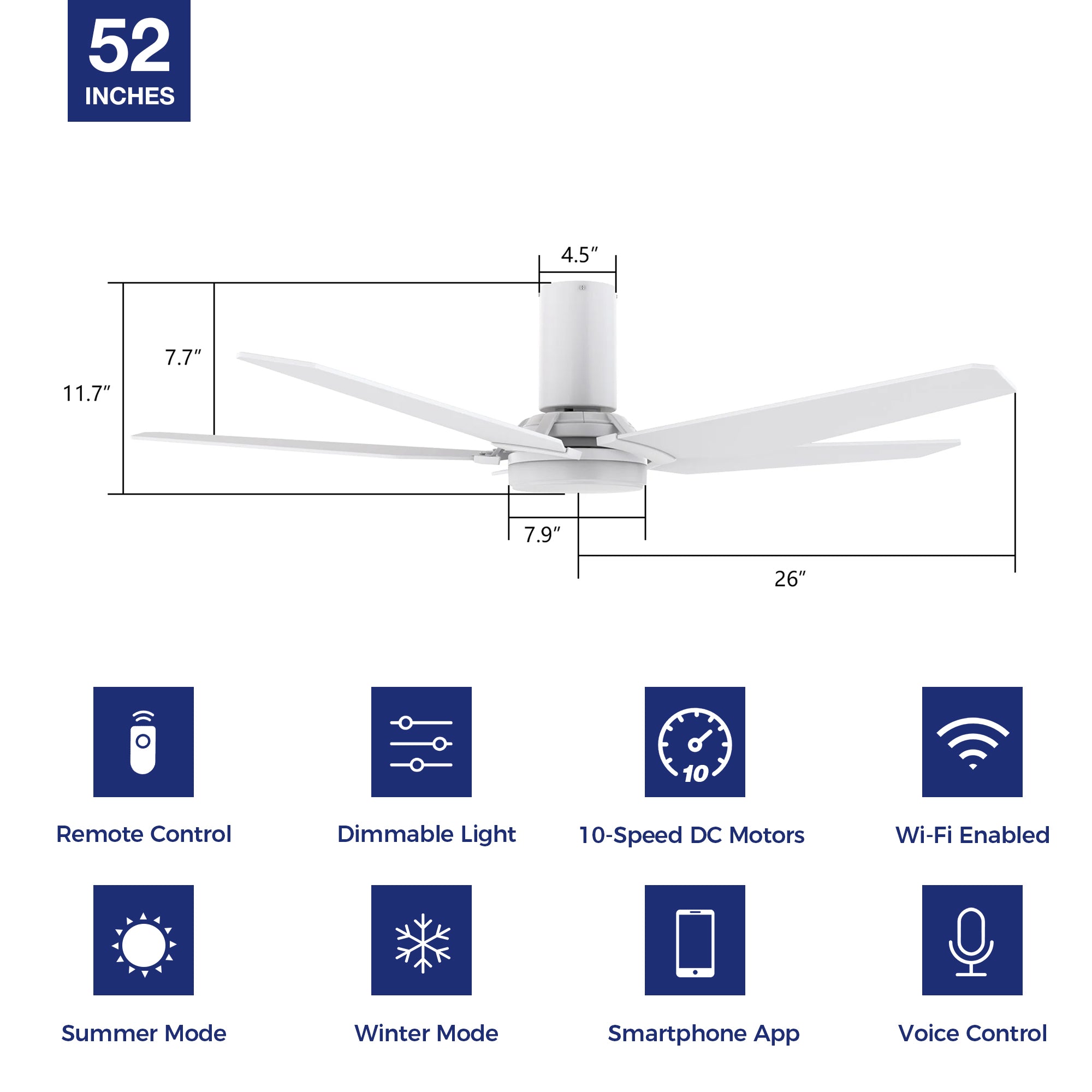 This Voyager 52&#39;&#39; smart ceiling fan keeps your space cool, bright, and stylish. It is a soft modern masterpiece perfect for your large indoor living spaces. This Wifi smart ceiling fan is a simplicity designing with White finish, use elegant Plywood blades, Glass shade and has an integrated 4000K LED cool light. The fan features Remote control, Wi-Fi apps, Siri Shortcut and Voice control technology (compatible with Amazon Alexa and Google Home Assistant ) to set fan preferences.