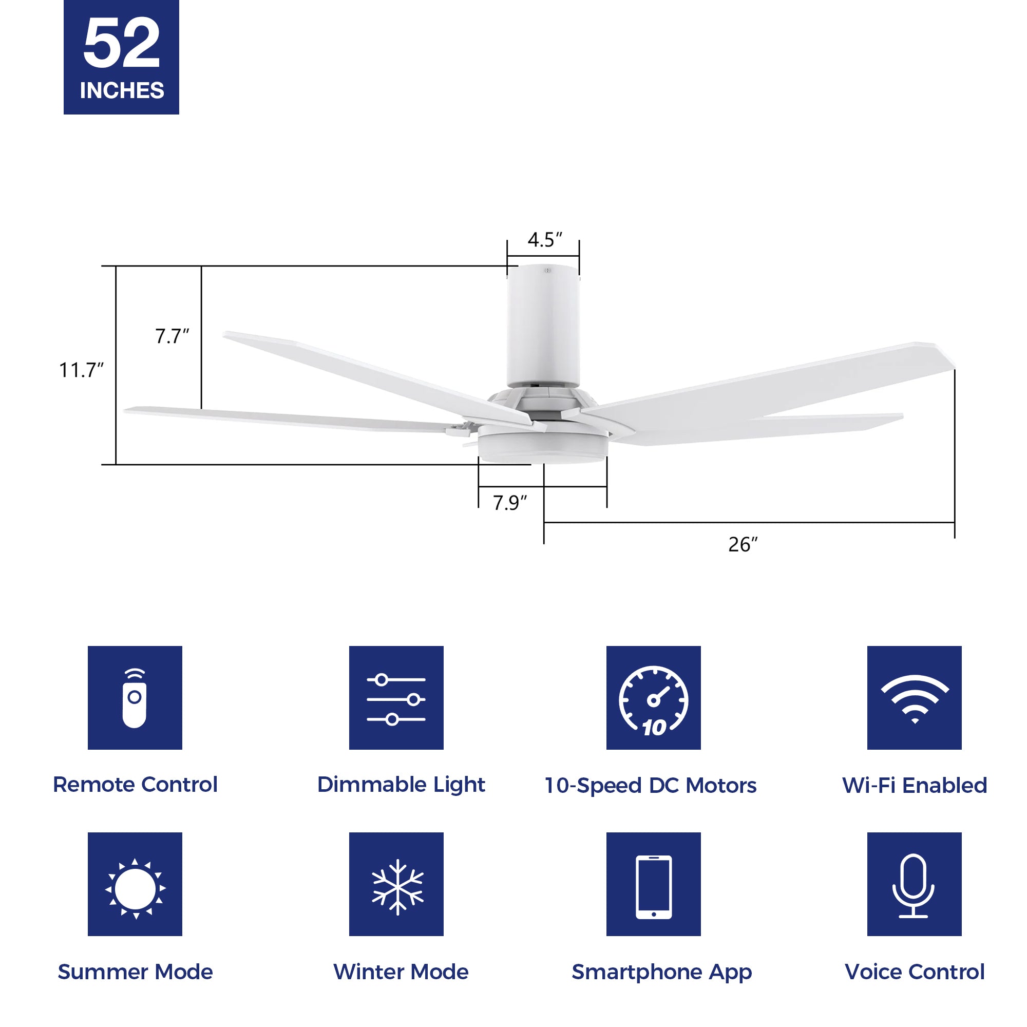 This Voyager 52'' smart ceiling fan keeps your space cool, bright, and stylish. It is a soft modern masterpiece perfect for your large indoor living spaces. This Wifi smart ceiling fan is a simplicity designing with White finish, use elegant Plywood blades, Glass shade and has an integrated 4000K LED cool light. The fan features Remote control, Wi-Fi apps, Siri Shortcut and Voice control technology (compatible with Amazon Alexa and Google Home Assistant ) to set fan preferences.#color_white