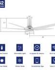 This Voyager 52'' smart ceiling fan keeps your space cool, bright, and stylish. It is a soft modern masterpiece perfect for your large indoor living spaces. This Wifi smart ceiling fan is a simplicity designing with White finish, use elegant Plywood blades, Glass shade and has an integrated 4000K LED cool light. The fan features Remote control, Wi-Fi apps, Siri Shortcut and Voice control technology (compatible with Amazon Alexa and Google Home Assistant ) to set fan preferences.