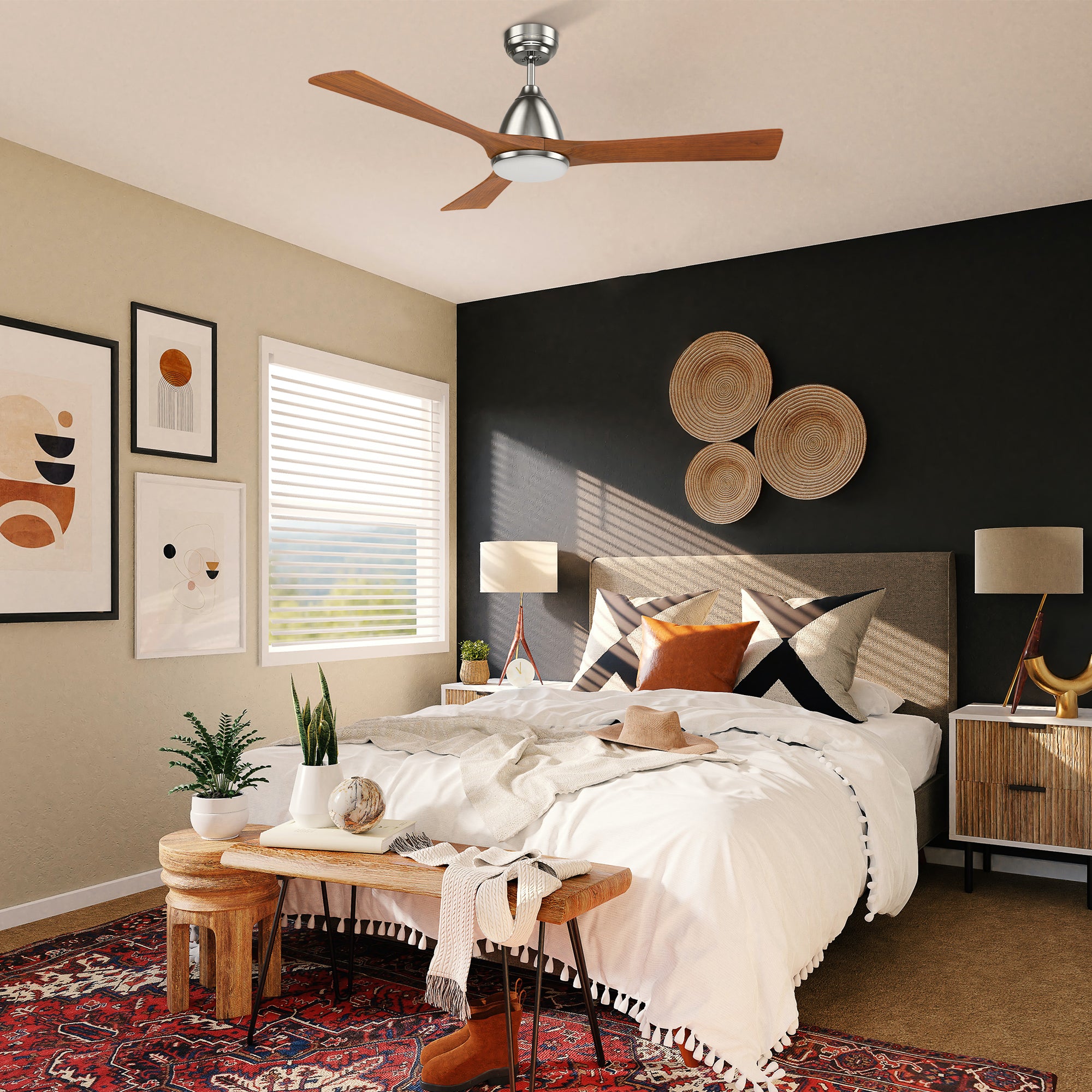 This Cadiz 52&#39;&#39; smart ceiling fan keeps your space cool, bright, and stylish. It is a soft modern masterpiece perfect for your large indoor living spaces. This Wifi smart ceiling fan is a simplicity designing with Silver finish, use elegant Solid Wood blades and has an integrated 4000K LED cool light. The fan features Remote control, Wi-Fi apps, Siri Shortcut and Voice control technology (compatible with Amazon Alexa and Google Home Assistant ) to set fan preferences. 