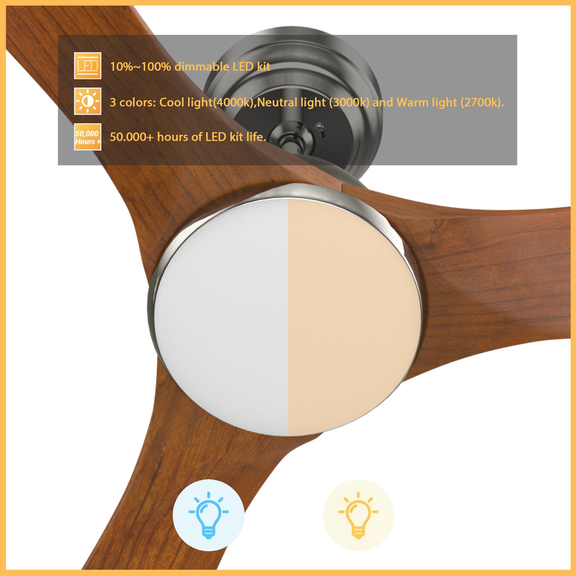This Cadiz 52&#39;&#39; smart ceiling fan keeps your space cool, bright, and stylish. It is a soft modern masterpiece perfect for your large indoor living spaces. This Wifi smart ceiling fan is a simplicity designing with Silver finish, use elegant Solid Wood blades and has an integrated 4000K LED cool light. The fan features Remote control, Wi-Fi apps, Siri Shortcut and Voice control technology (compatible with Amazon Alexa and Google Home Assistant ) to set fan preferences. 