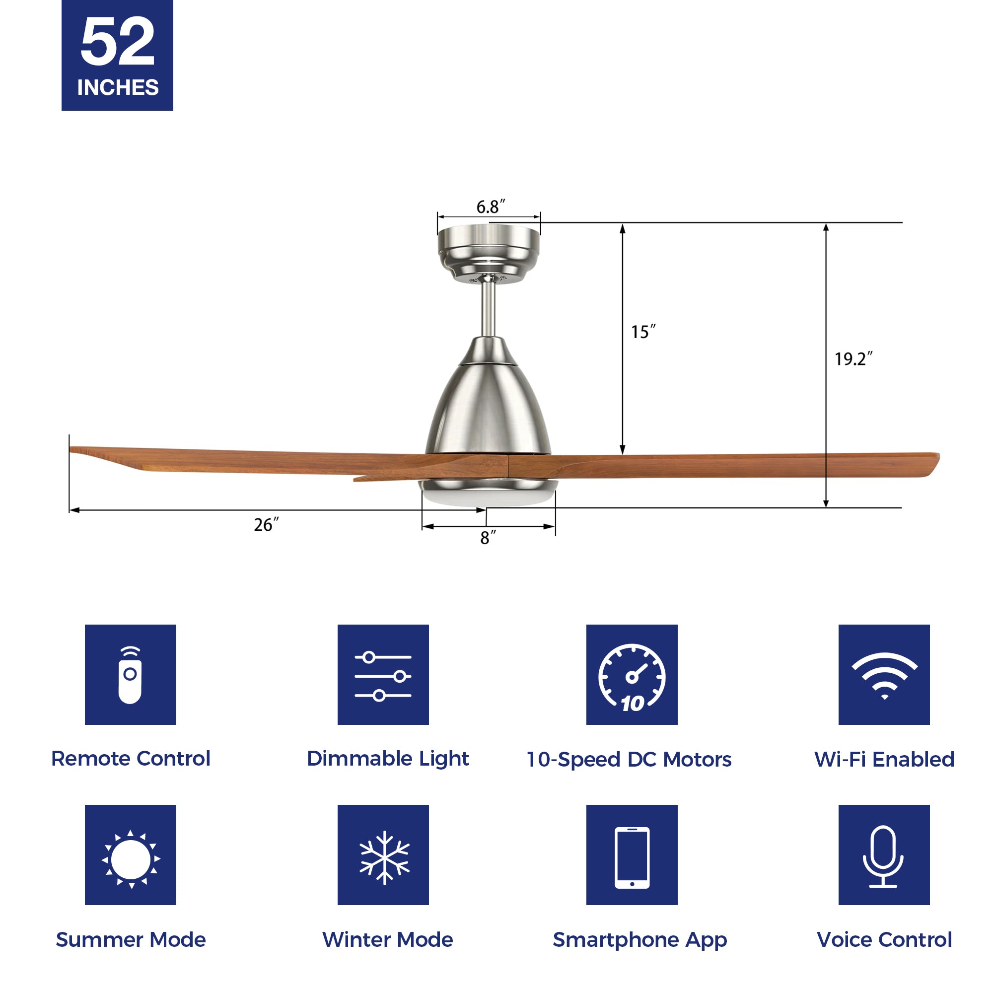 This Cadiz 52&#39;&#39; smart ceiling fan keeps your space cool, bright, and stylish. It is a soft modern masterpiece perfect for your large indoor living spaces. This Wifi smart ceiling fan is a simplicity designing with Silver finish, use elegant Solid Wood blades and has an integrated 4000K LED cool light. The fan features Remote control, Wi-Fi apps, Siri Shortcut and Voice control technology (compatible with Amazon Alexa and Google Home Assistant ) to set fan preferences. 