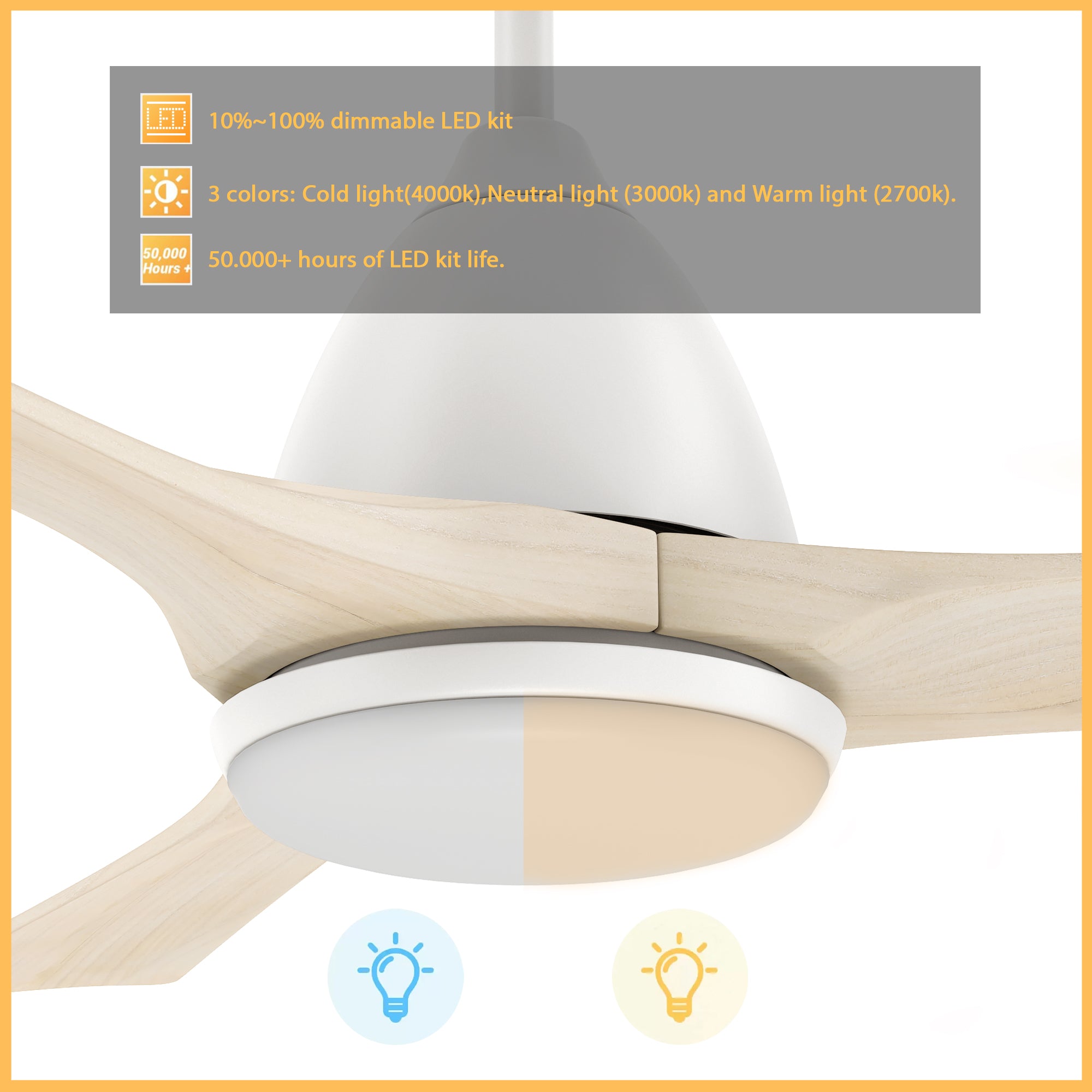 This Cadiz 52'' smart ceiling fan keeps your space cool, bright, and stylish. It is a soft modern masterpiece perfect for your large indoor living spaces. This Wifi smart ceiling fan is a simplicity designing with White finish, use elegant Solid Wood blades and has an integrated 4000K LED daylight. The fan features Remote control, Wi-Fi apps, Siri Shortcut and Voice control technology (compatible with Amazon Alexa and Google Home Assistant ) to set fan preferences. #color_light-wood