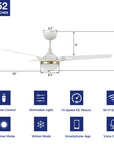 This Clifden 52'' smart ceiling fan keeps your space cool, bright, and stylish. It is a soft modern masterpiece perfect for your large indoor living spaces. This Wifi smart ceiling fan is a simplicity designing with White finish, use elegant Plywood blades and has an integrated 4000K LED daylight. The fan features Remote control, Wi-Fi apps, Siri Shortcut and Voice control technology (compatible with Amazon Alexa and Google Home Assistant ) to set fan preferences.