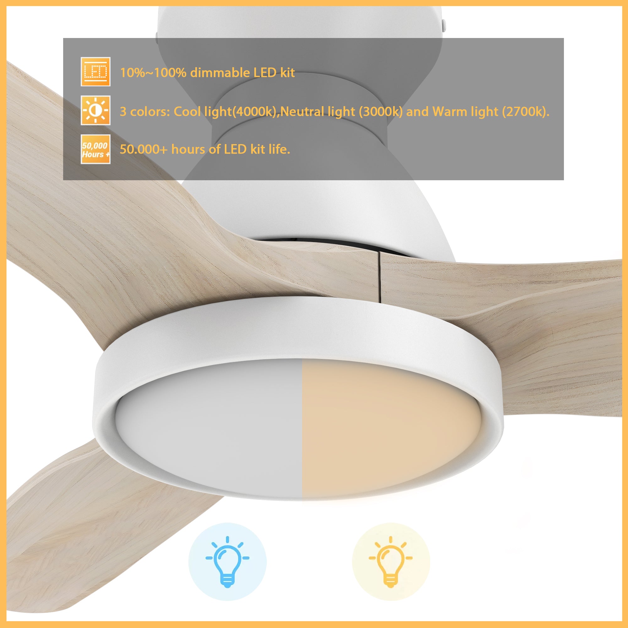 This Colmar 52'' smart ceiling fan keeps your space cool, bright, and stylish. It is a soft modern masterpiece perfect for your large indoor living spaces. This Wifi smart ceiling fan is a simplicity designing with White finish, use elegant Solid Wood blades and has an integrated 4000K LED cool light. The fan features Remote control, Wi-Fi apps, Siri Shortcut and Voice control technology (compatible with Amazon Alexa and Google Home Assistant ) to set fan preferences. #color_light-wood