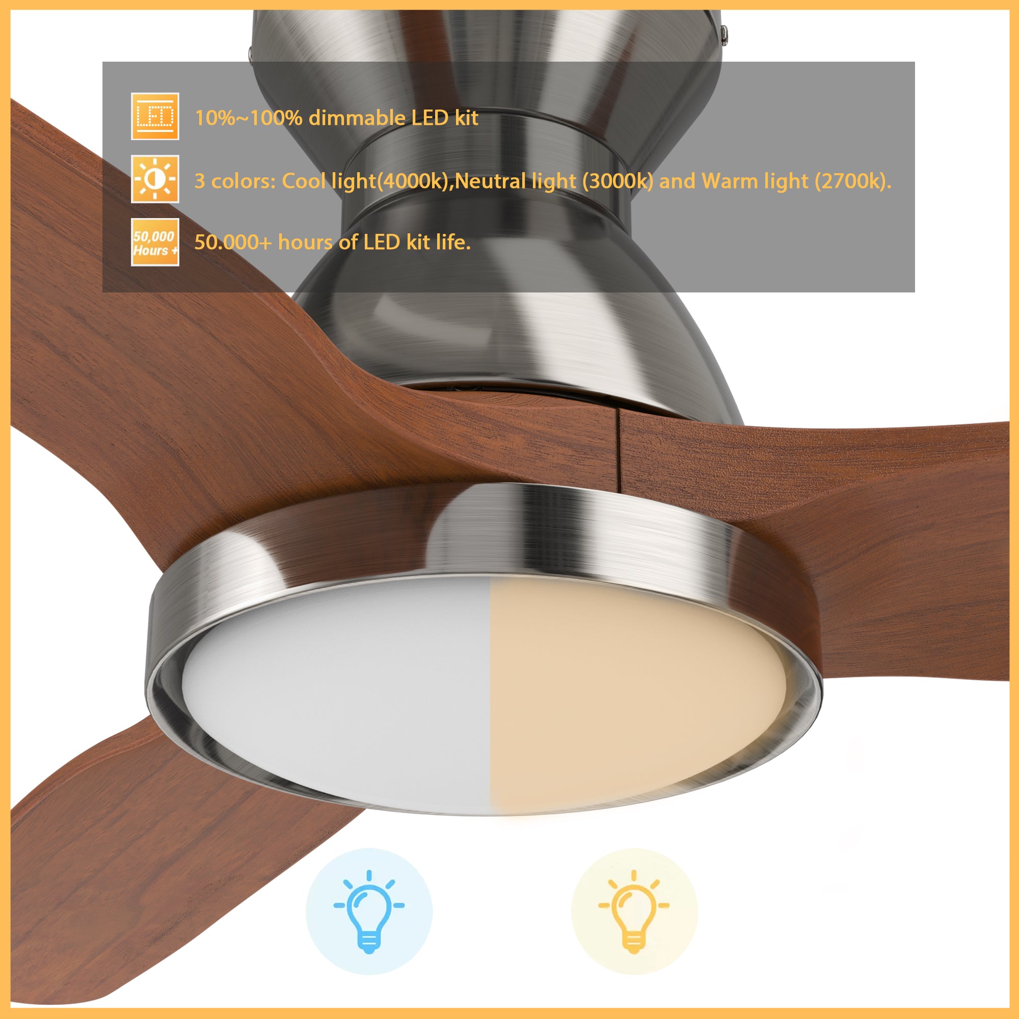 This Colmar 52'' smart ceiling fan keeps your space cool, bright, and stylish. It is a soft modern masterpiece perfect for your large indoor living spaces. This Wifi smart ceiling fan is a simplicity designing with Silver finish, use elegant Solid Wood blades and has an integrated 4000K LED cool light. The fan features Remote control, Wi-Fi apps, Siri Shortcut and Voice control technology (compatible with Amazon Alexa and Google Home Assistant ) to set fan preferences. #color_silver