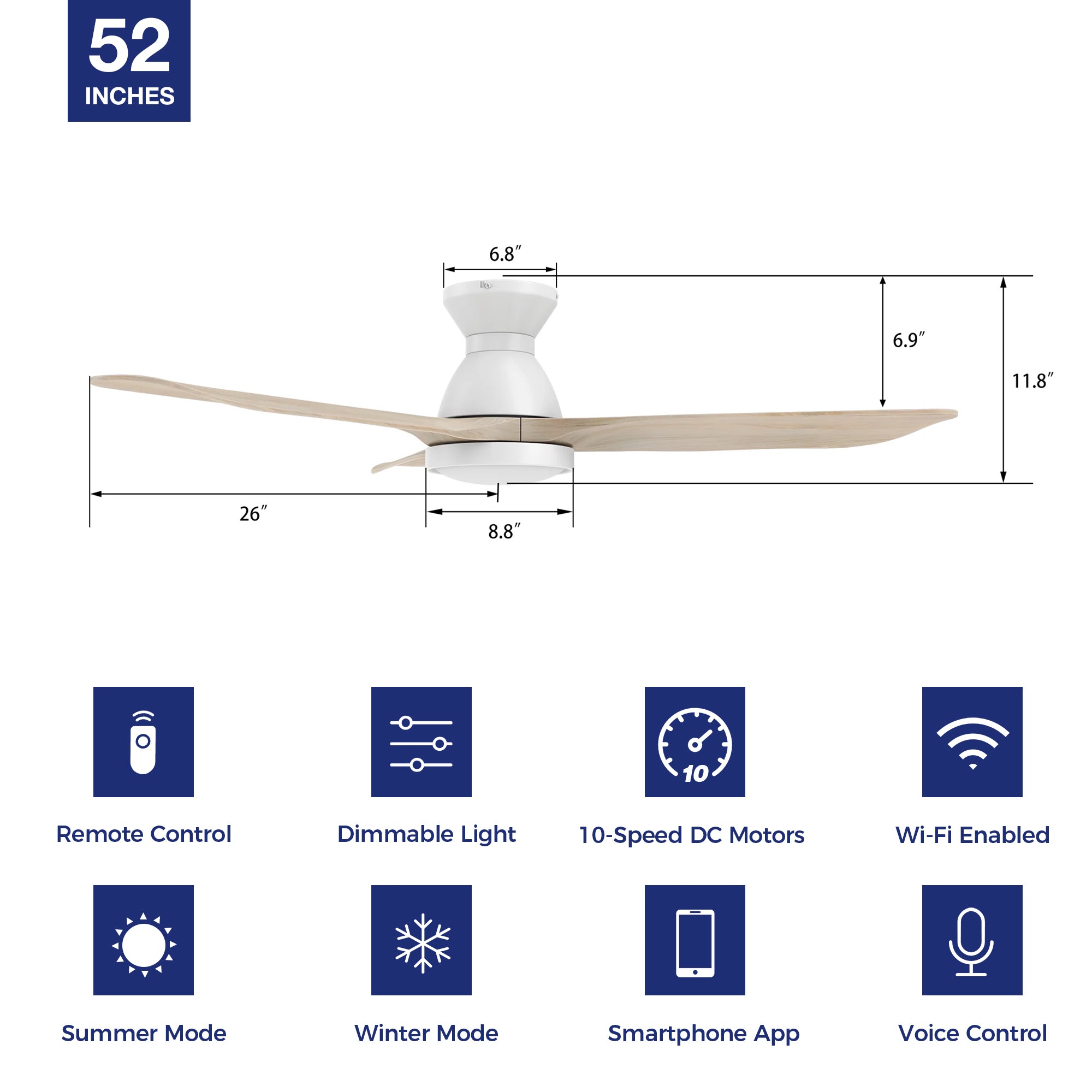 This Colmar 52'' smart ceiling fan keeps your space cool, bright, and stylish. It is a soft modern masterpiece perfect for your large indoor living spaces. This Wifi smart ceiling fan is a simplicity designing with White finish, use elegant Solid Wood blades and has an integrated 4000K LED cool light. The fan features Remote control, Wi-Fi apps, Siri Shortcut and Voice control technology (compatible with Amazon Alexa and Google Home Assistant ) to set fan preferences. #color_light-wood