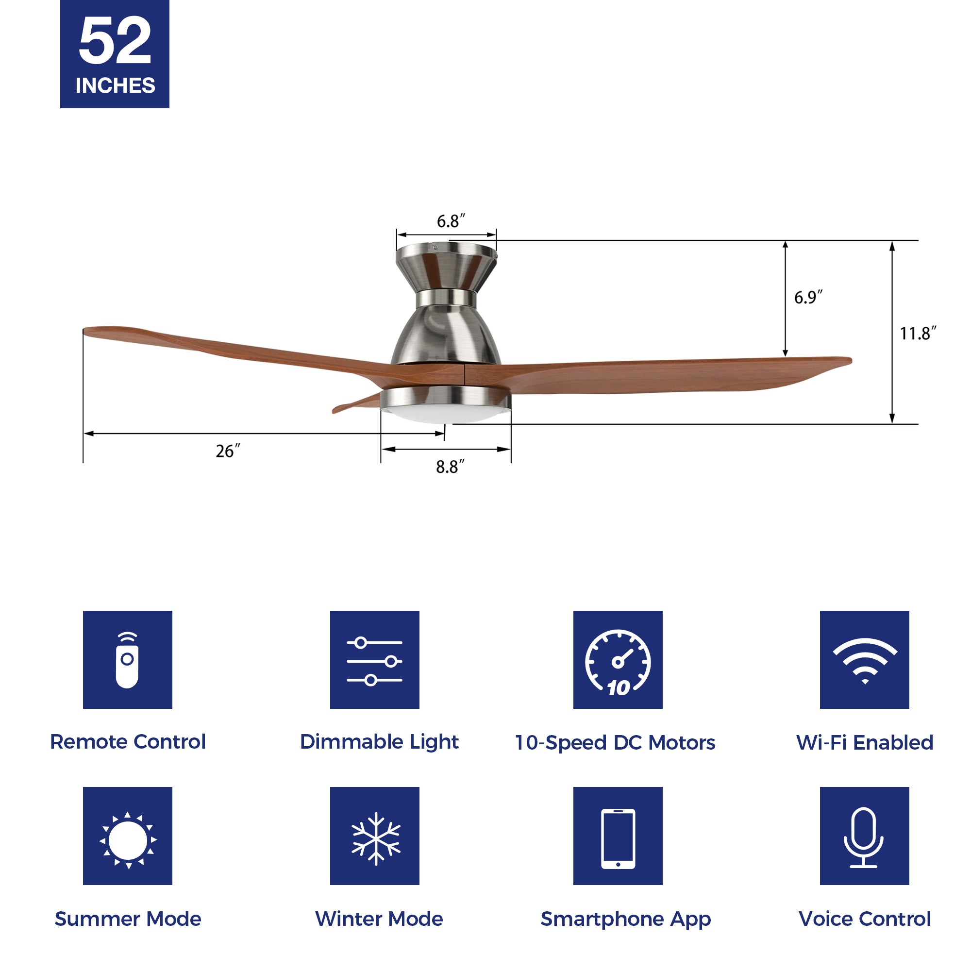 This Colmar 52&#39;&#39; smart ceiling fan keeps your space cool, bright, and stylish. It is a soft modern masterpiece perfect for your large indoor living spaces. This Wifi smart ceiling fan is a simplicity designing with Silver finish, use elegant Solid Wood blades and has an integrated 4000K LED cool light. The fan features Remote control, Wi-Fi apps, Siri Shortcut and Voice control technology (compatible with Amazon Alexa and Google Home Assistant ) to set fan preferences. 