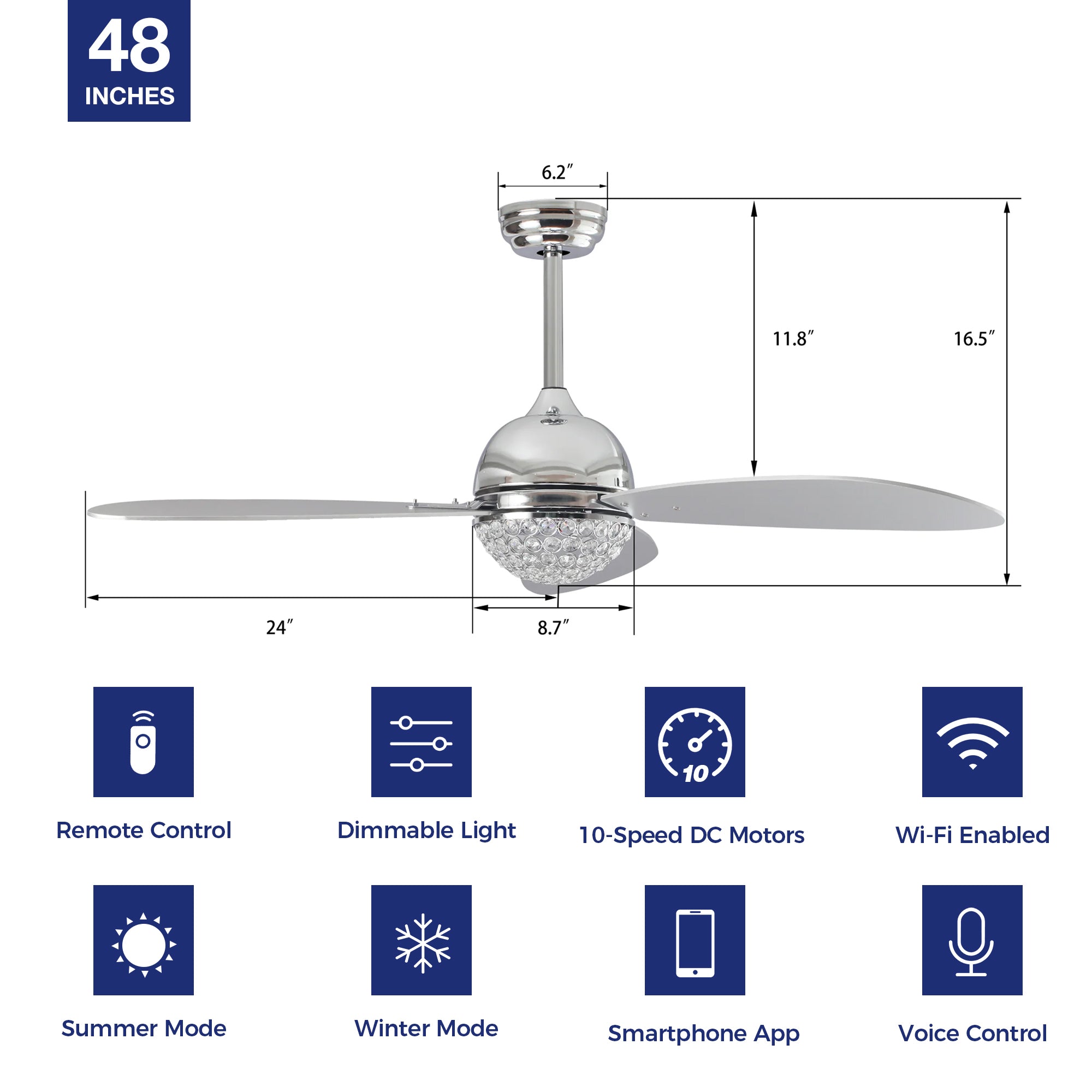 This Corvin 48&#39;&#39; smart ceiling fan keeps your space cool, bright, and stylish. It is a soft modern masterpiece perfect for your large indoor living spaces. This Wifi smart ceiling fan is a simplicity designing with Silver finish, use elegant Plywood blades and has an integrated 4000K LED cool light. The fan features Remote control, Wi-Fi apps, Siri Shortcut and Voice control technology (compatible with Amazon Alexa and Google Home Assistant ) to set fan preferences.