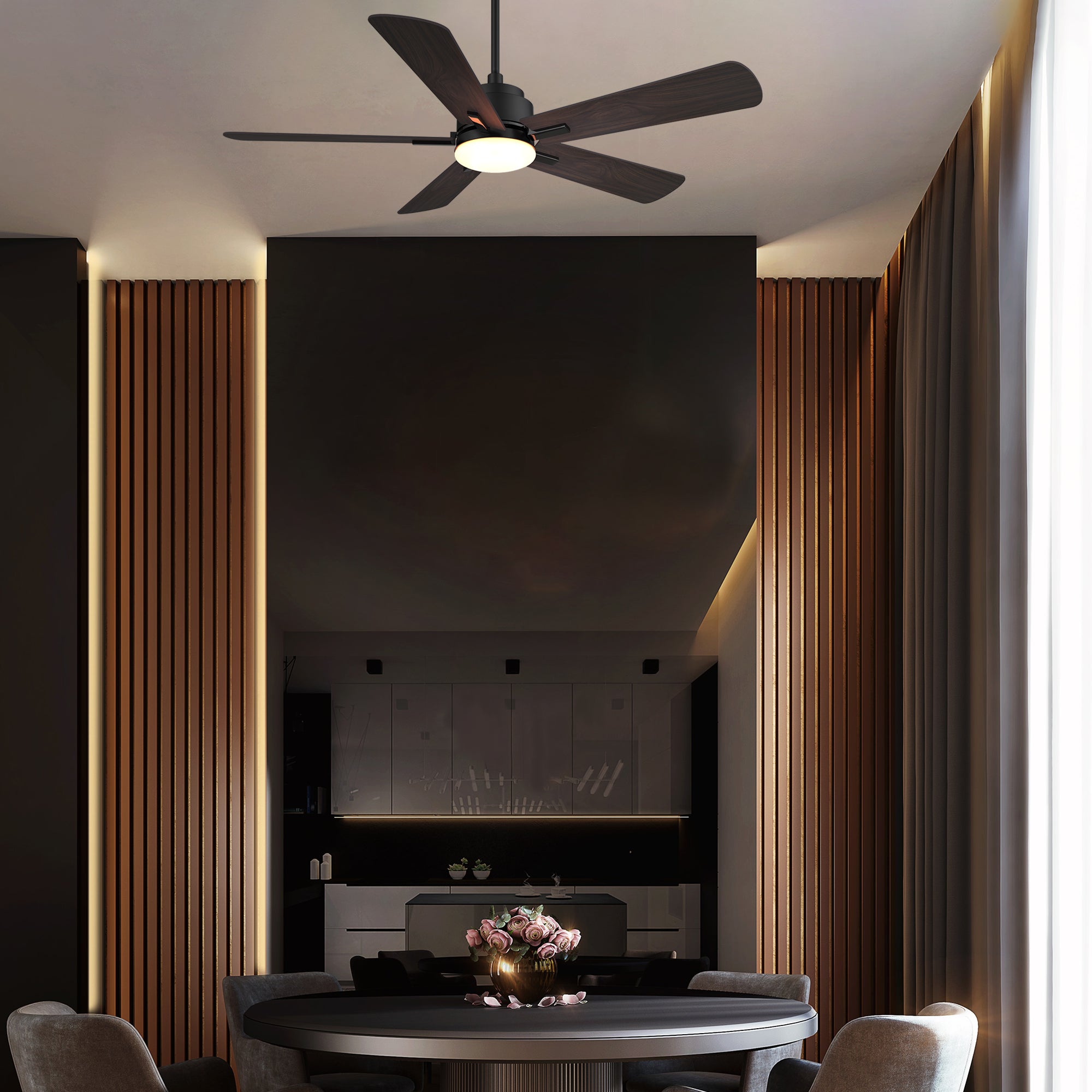 This Elgin 52'' smart ceiling fan keeps your space cool, bright, and stylish. It is a soft modern masterpiece perfect for your large indoor living spaces. This Wifi smart ceiling fan is a simplicity designing with Black finish, use elegant Plywood blades and has an integrated 4000K LED cool light. The fan features Remote control, Wi-Fi apps, Siri Shortcut and Voice control technology (compatible with Amazon Alexa and Google Home Assistant ) to set fan preferences. #color_wood