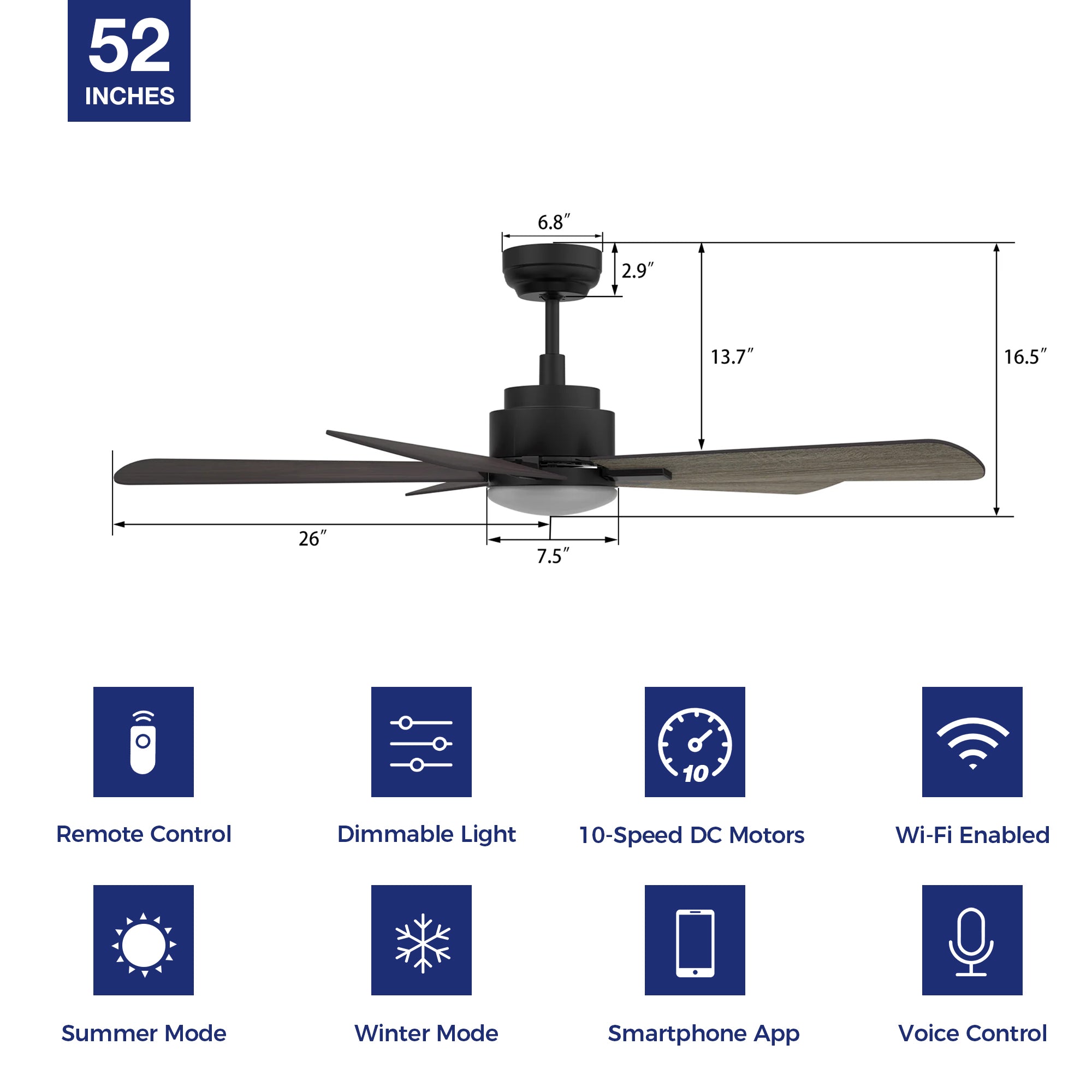 This Elgin 52&#39;&#39; smart ceiling fan keeps your space cool, bright, and stylish. It is a soft modern masterpiece perfect for your large indoor living spaces. This Wifi smart ceiling fan is a simplicity designing with Black finish, use elegant Plywood blades and has an integrated 4000K LED cool light. The fan features Remote control, Wi-Fi apps, Siri Shortcut and Voice control technology (compatible with Amazon Alexa and Google Home Assistant ) to set fan preferences. 