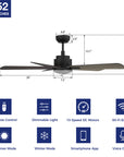 This Elgin 52'' smart ceiling fan keeps your space cool, bright, and stylish. It is a soft modern masterpiece perfect for your large indoor living spaces. This Wifi smart ceiling fan is a simplicity designing with Black finish, use elegant Plywood blades and has an integrated 4000K LED cool light. The fan features Remote control, Wi-Fi apps, Siri Shortcut and Voice control technology (compatible with Amazon Alexa and Google Home Assistant ) to set fan preferences. 