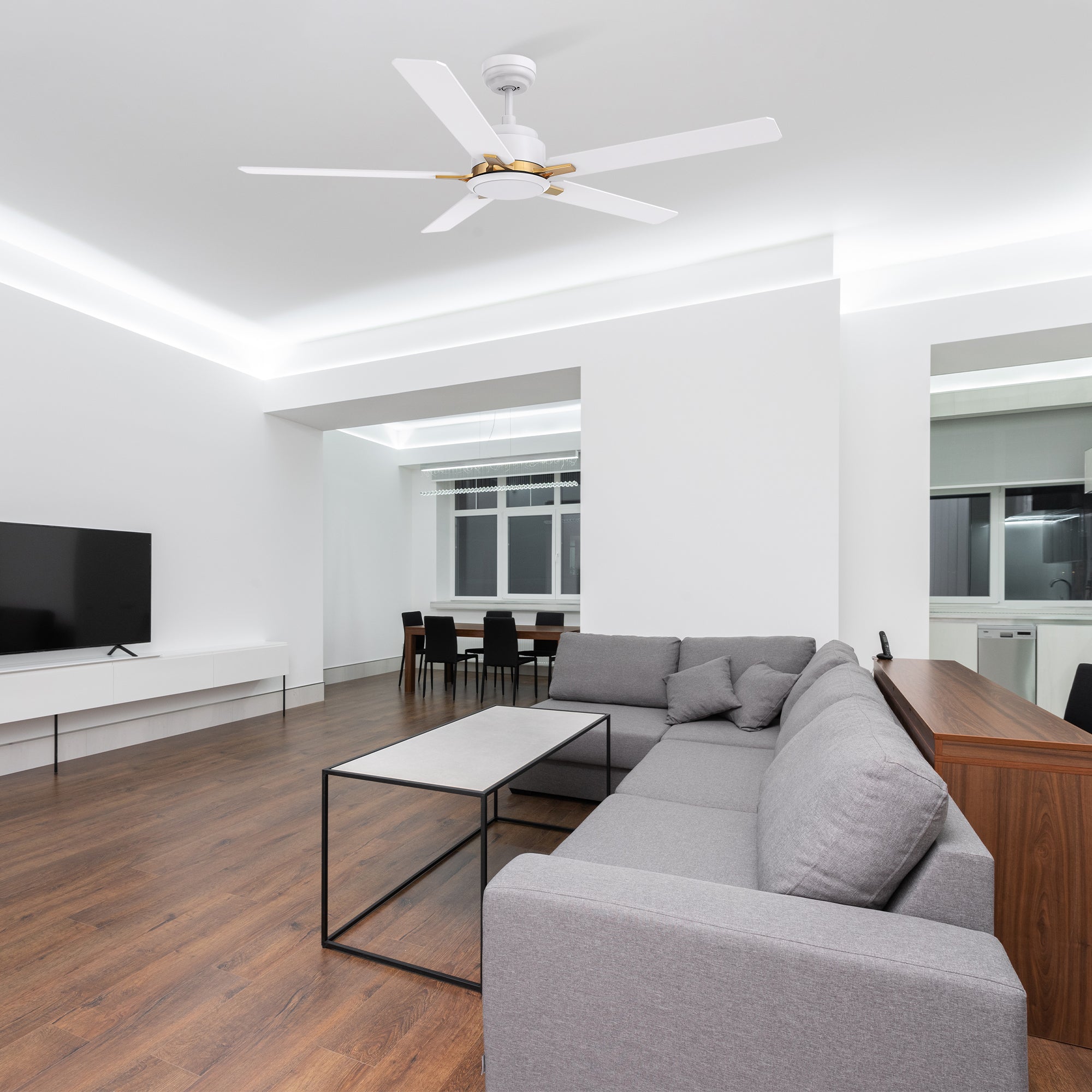 This Essex 52&#39;&#39; smart ceiling fan keeps your space cool, bright, and stylish. It is a soft modern masterpiece perfect for your large indoor living spaces. This Wifi smart ceiling fan is a simplicity designing with White finish, use elegant Plywood blades and has an integrated 4000K LED cool light. The fan features Remote control, Wi-Fi apps, Siri Shortcut and Voice control technology (compatible with Amazon Alexa and Google Home Assistant ) to set fan preferences.