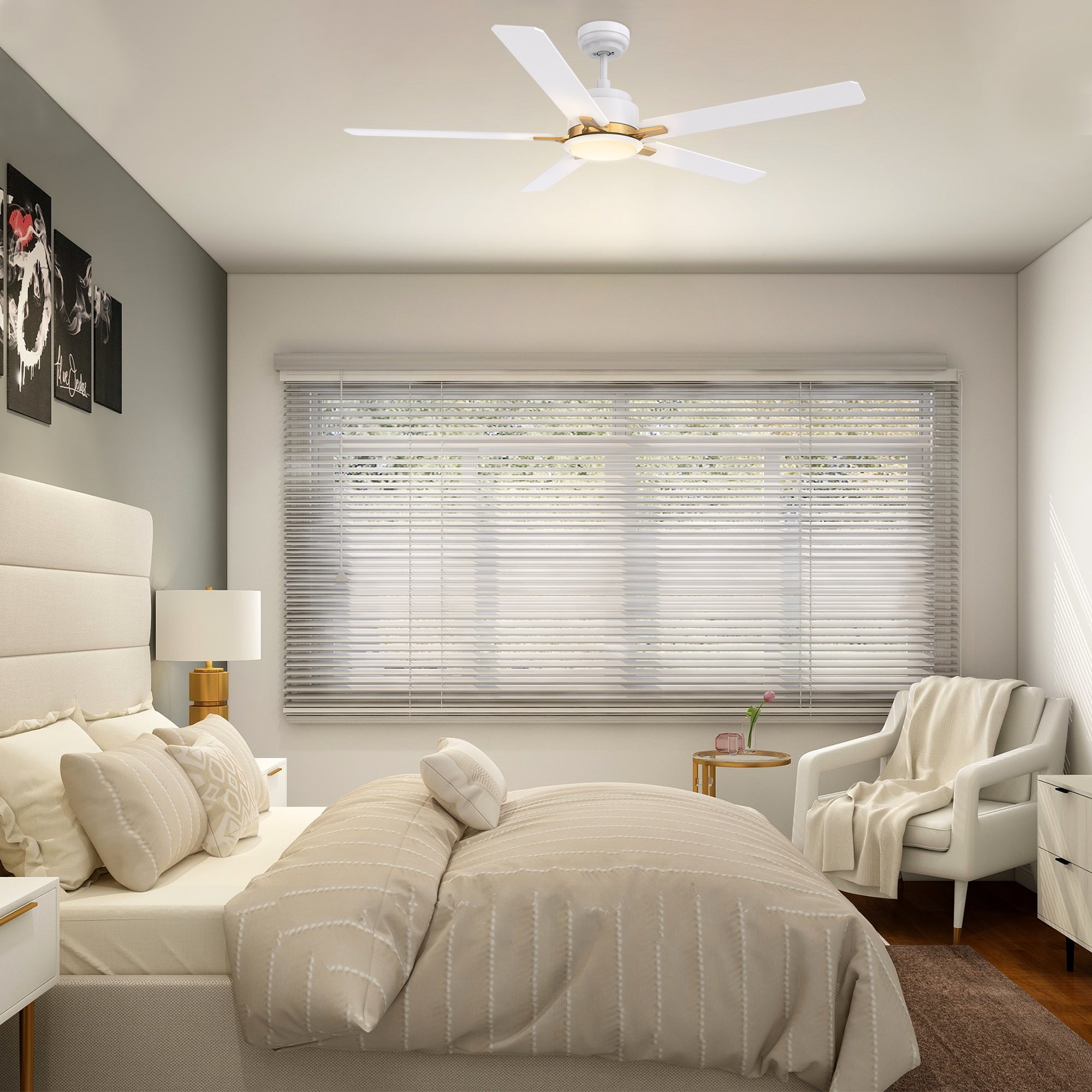 This Essex 52'' smart ceiling fan keeps your space cool, bright, and stylish. It is a soft modern masterpiece perfect for your large indoor living spaces. This Wifi smart ceiling fan is a simplicity designing with White finish, use elegant Plywood blades and has an integrated 4000K LED cool light. The fan features Remote control, Wi-Fi apps, Siri Shortcut and Voice control technology (compatible with Amazon Alexa and Google Home Assistant ) to set fan preferences.#color_white