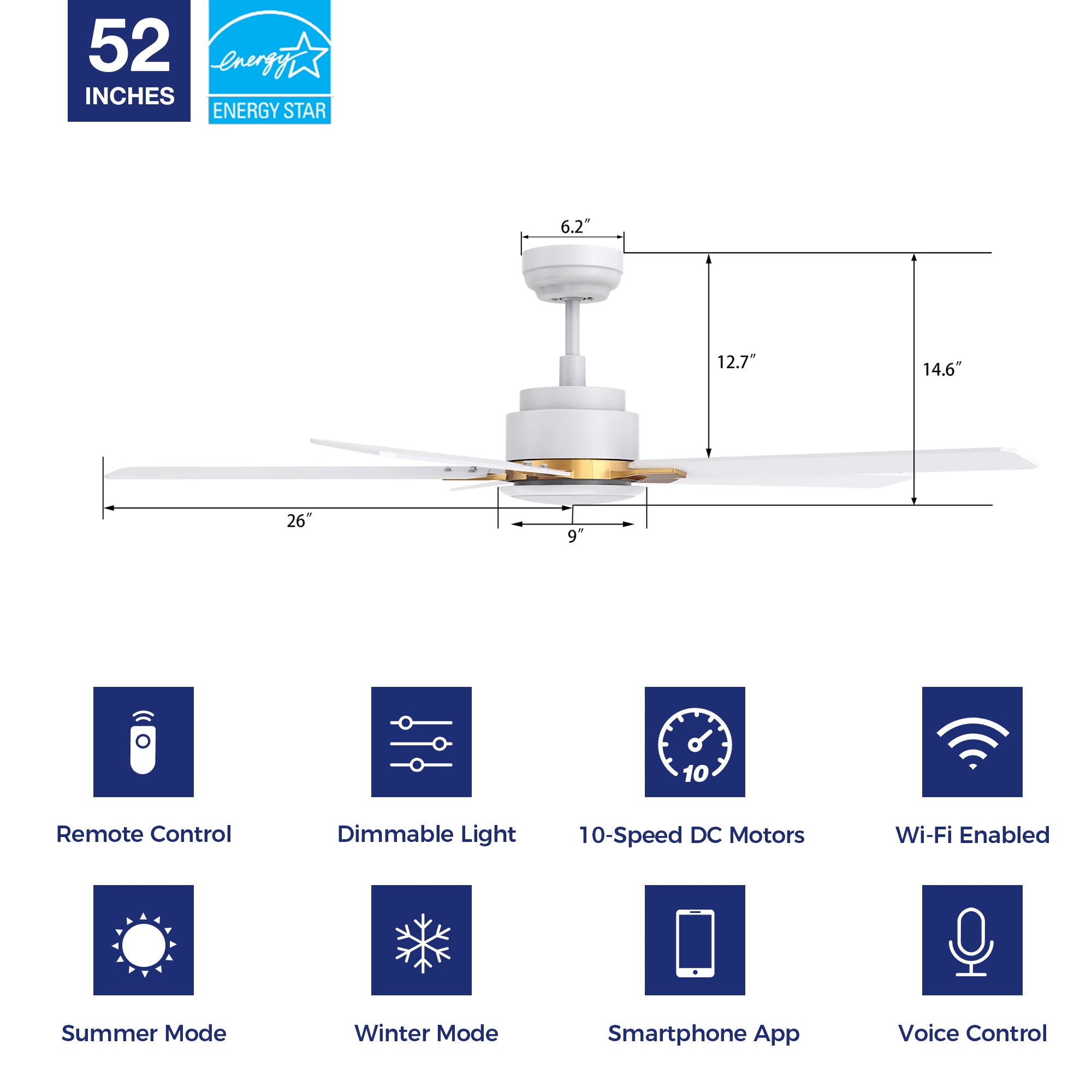 This Essex 52'' smart ceiling fan keeps your space cool, bright, and stylish. It is a soft modern masterpiece perfect for your large indoor living spaces. This Wifi smart ceiling fan is a simplicity designing with White finish, use elegant Plywood blades and has an integrated 4000K LED cool light. The fan features Remote control, Wi-Fi apps, Siri Shortcut and Voice control technology (compatible with Amazon Alexa and Google Home Assistant ) to set fan preferences.#color_white