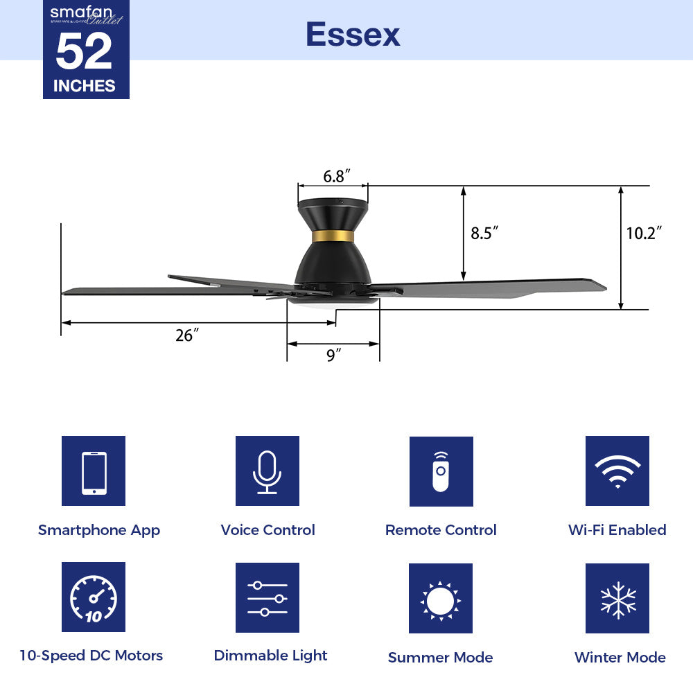 This Essex 52&#39;&#39; smart ceiling fan keeps your space cool, bright, and stylish. It is a soft modern masterpiece perfect for your large indoor living spaces. This Wifi smart ceiling fan is a simplicity designing with Black finish, use elegant Plywood blades and has an integrated 4000K LED cool light. The fan features Remote control, Wi-Fi apps, Siri Shortcut and Voice control technology (compatible with Amazon Alexa and Google Home Assistant ) to set fan preferences.