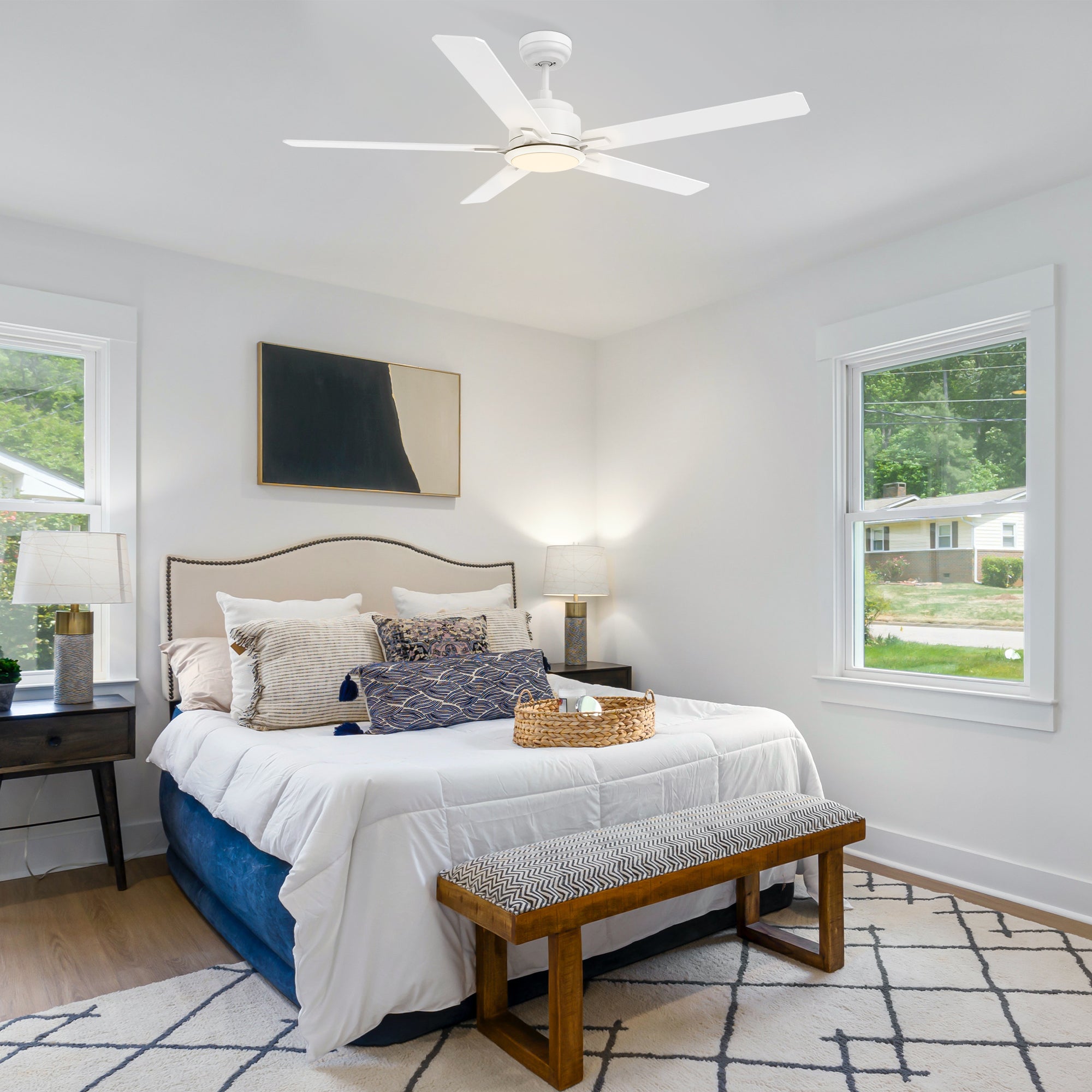 This Essex 56'' smart ceiling fan keeps your space cool, bright, and stylish. It is a soft modern masterpiece perfect for your large indoor living spaces. This Wifi smart ceiling fan is a simplicity designing with White finish, use elegant Plywood blades and has an integrated 4000K LED cool light. The fan features Remote control, Wi-Fi apps, Siri Shortcut and Voice control technology (compatible with Amazon Alexa and Google Home Assistant ) to set fan preferences.#color_white