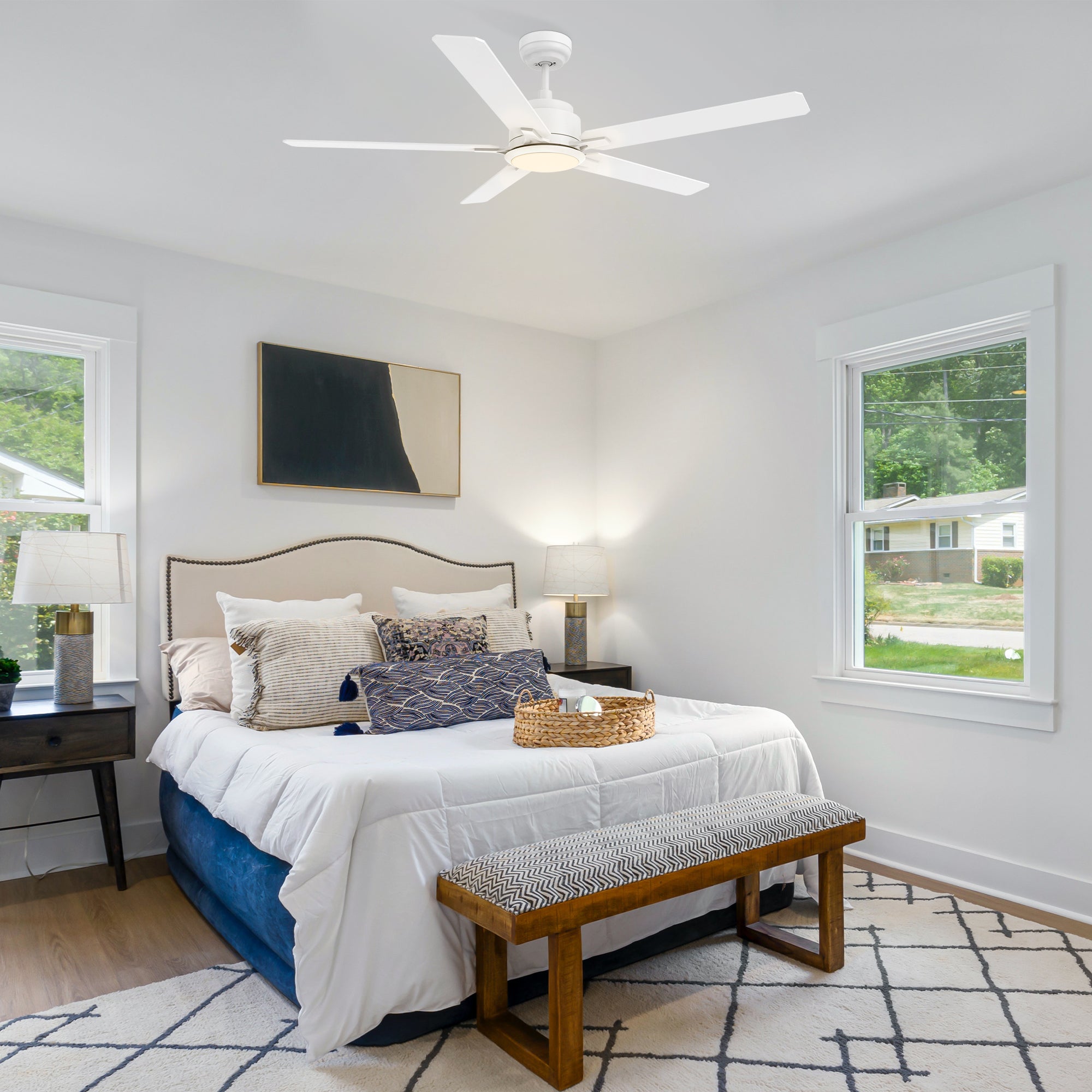 This Essex 56&#39;&#39; smart ceiling fan keeps your space cool, bright, and stylish. It is a soft modern masterpiece perfect for your large indoor living spaces. This Wifi smart ceiling fan is a simplicity designing with White finish, use elegant Plywood blades and has an integrated 4000K LED cool light. The fan features Remote control, Wi-Fi apps, Siri Shortcut and Voice control technology (compatible with Amazon Alexa and Google Home Assistant ) to set fan preferences.