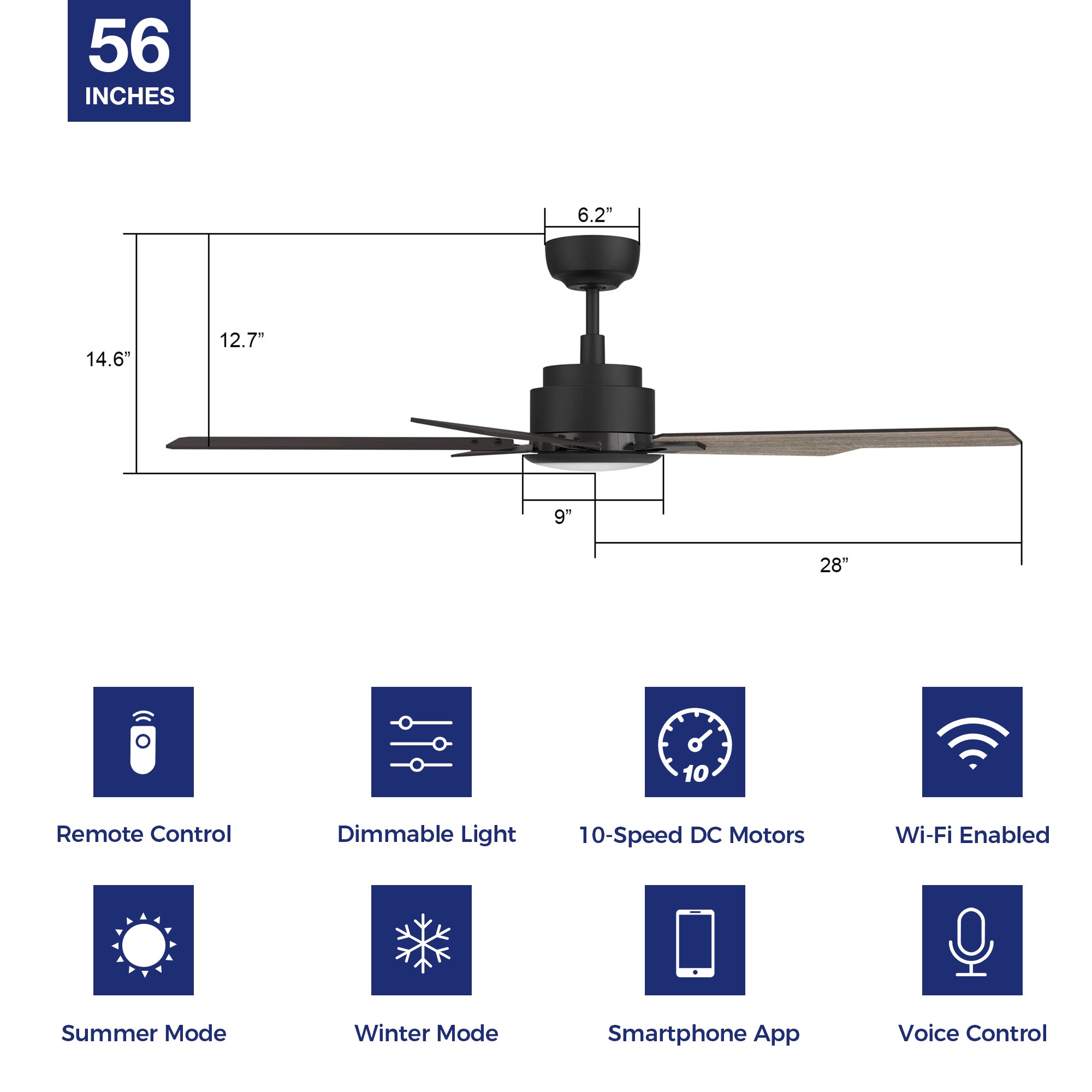 This Essex 56'' smart ceiling fan keeps your space cool, bright, and stylish. It is a soft modern masterpiece perfect for your large indoor living spaces. This Wifi smart ceiling fan is a simplicity designing with Black finish, use elegant Plywood blades and has an integrated 4000K LED cool light. The fan features Remote control, Wi-Fi apps, Siri Shortcut and Voice control technology (compatible with Amazon Alexa and Google Home Assistant ) to set fan preferences.#color_wood