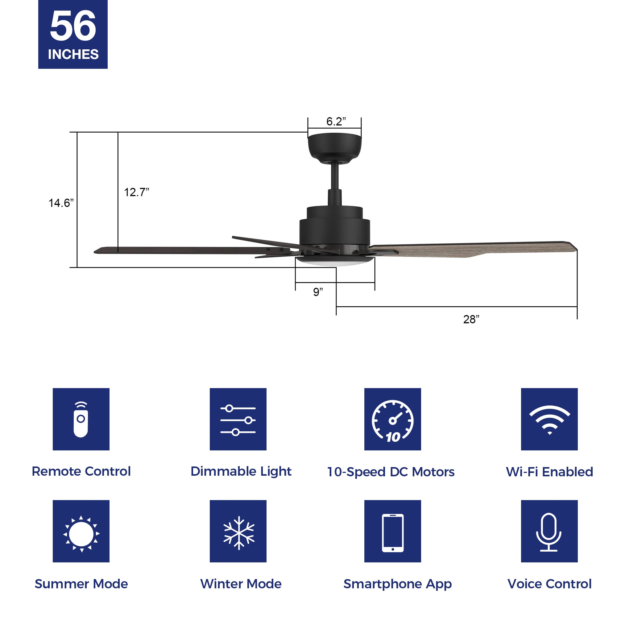 This Essex 56&#39;&#39; smart ceiling fan keeps your space cool, bright, and stylish. It is a soft modern masterpiece perfect for your large indoor living spaces. This Wifi smart ceiling fan is a simplicity designing with Black finish, use elegant Plywood blades and has an integrated 4000K LED cool light. The fan features Remote control, Wi-Fi apps, Siri Shortcut and Voice control technology (compatible with Amazon Alexa and Google Home Assistant ) to set fan preferences.
