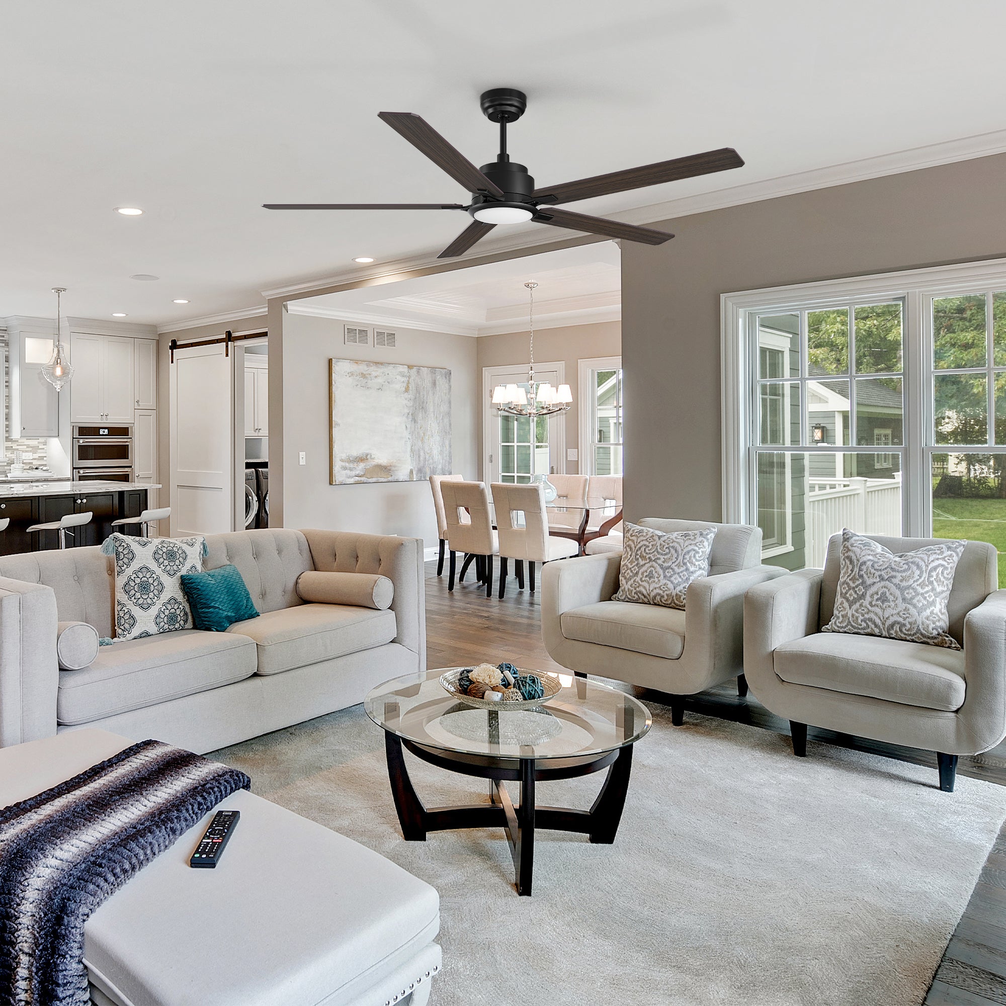 This Essex 60'' smart ceiling fan keeps your space cool, bright, and stylish. It is a soft modern masterpiece perfect for your large indoor living spaces. This Wifi smart ceiling fan is a simplicity designing with Black finish, use elegant Plywood blades and has an integrated 4000K LED cool light. The fan features Remote control, Wi-Fi apps, Siri Shortcut and Voice control technology (compatible with Amazon Alexa and Google Home Assistant ) to set fan preferences.#color_black