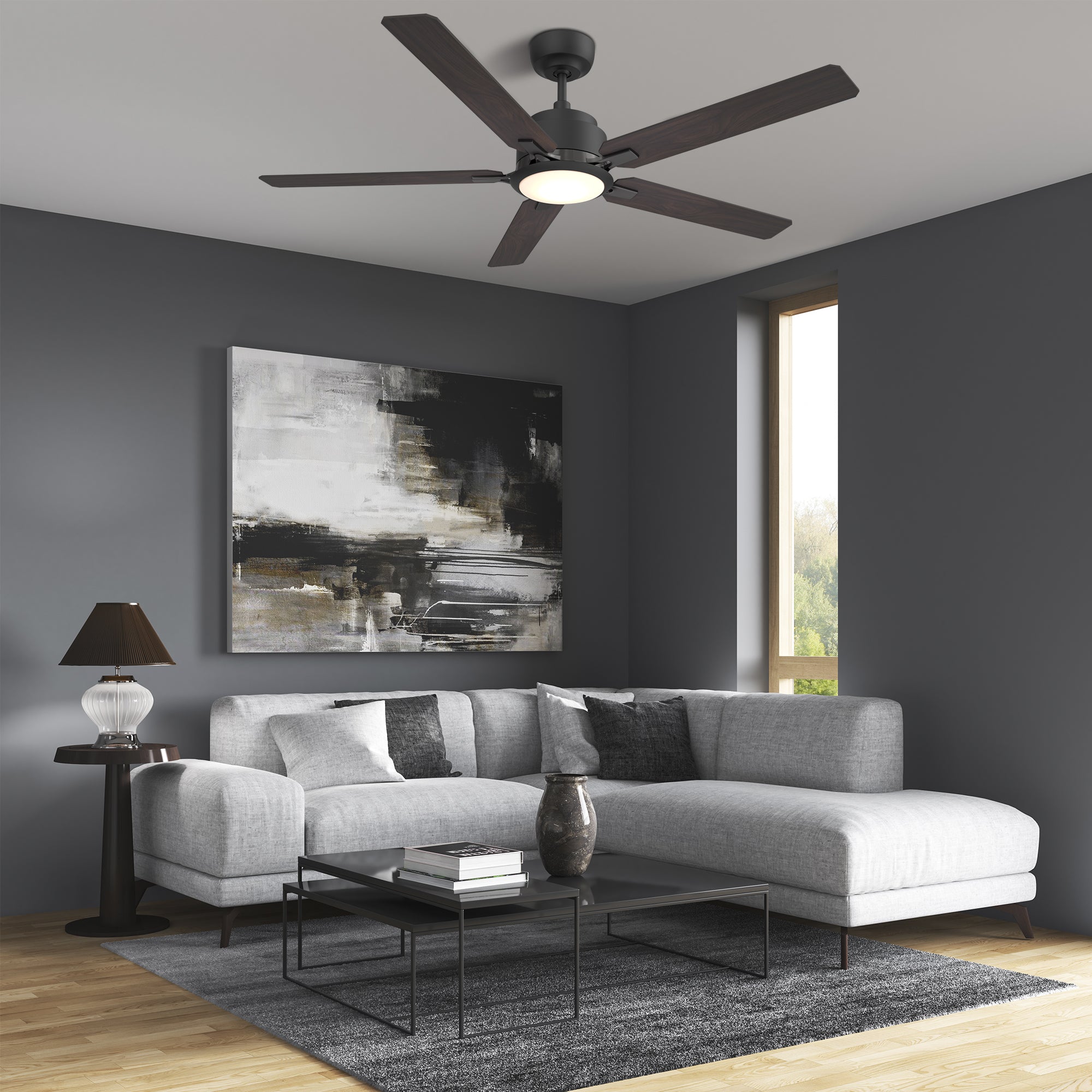 This Essex 60&#39;&#39; smart ceiling fan keeps your space cool, bright, and stylish. It is a soft modern masterpiece perfect for your large indoor living spaces. This Wifi smart ceiling fan is a simplicity designing with Black finish, use elegant Plywood blades and has an integrated 4000K LED cool light. The fan features Remote control, Wi-Fi apps, Siri Shortcut and Voice control technology (compatible with Amazon Alexa and Google Home Assistant ) to set fan preferences.