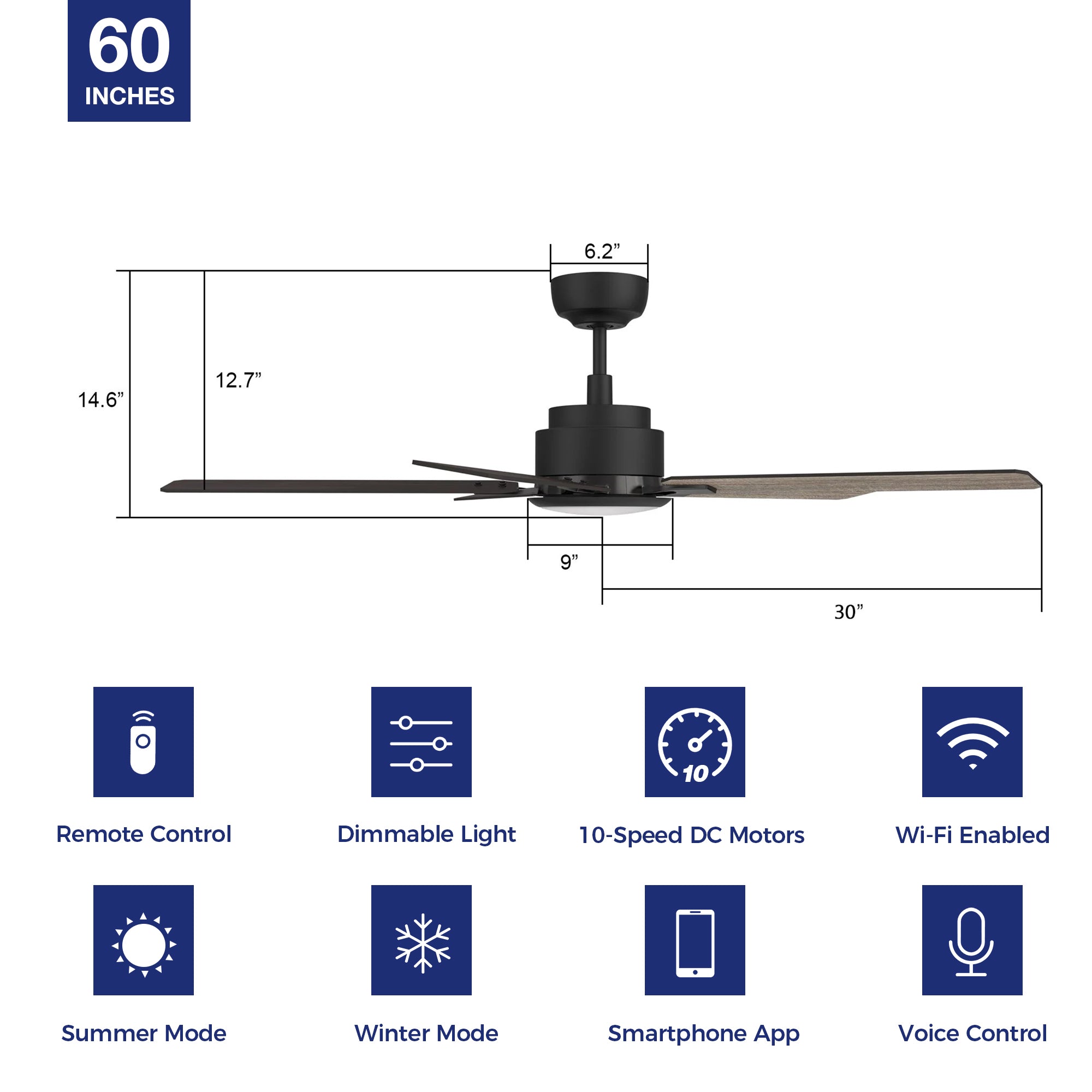 This Essex 60'' smart ceiling fan keeps your space cool, bright, and stylish. It is a soft modern masterpiece perfect for your large indoor living spaces. This Wifi smart ceiling fan is a simplicity designing with Black finish, use elegant Plywood blades and has an integrated 4000K LED cool light. The fan features Remote control, Wi-Fi apps, Siri Shortcut and Voice control technology (compatible with Amazon Alexa and Google Home Assistant ) to set fan preferences.#color_black