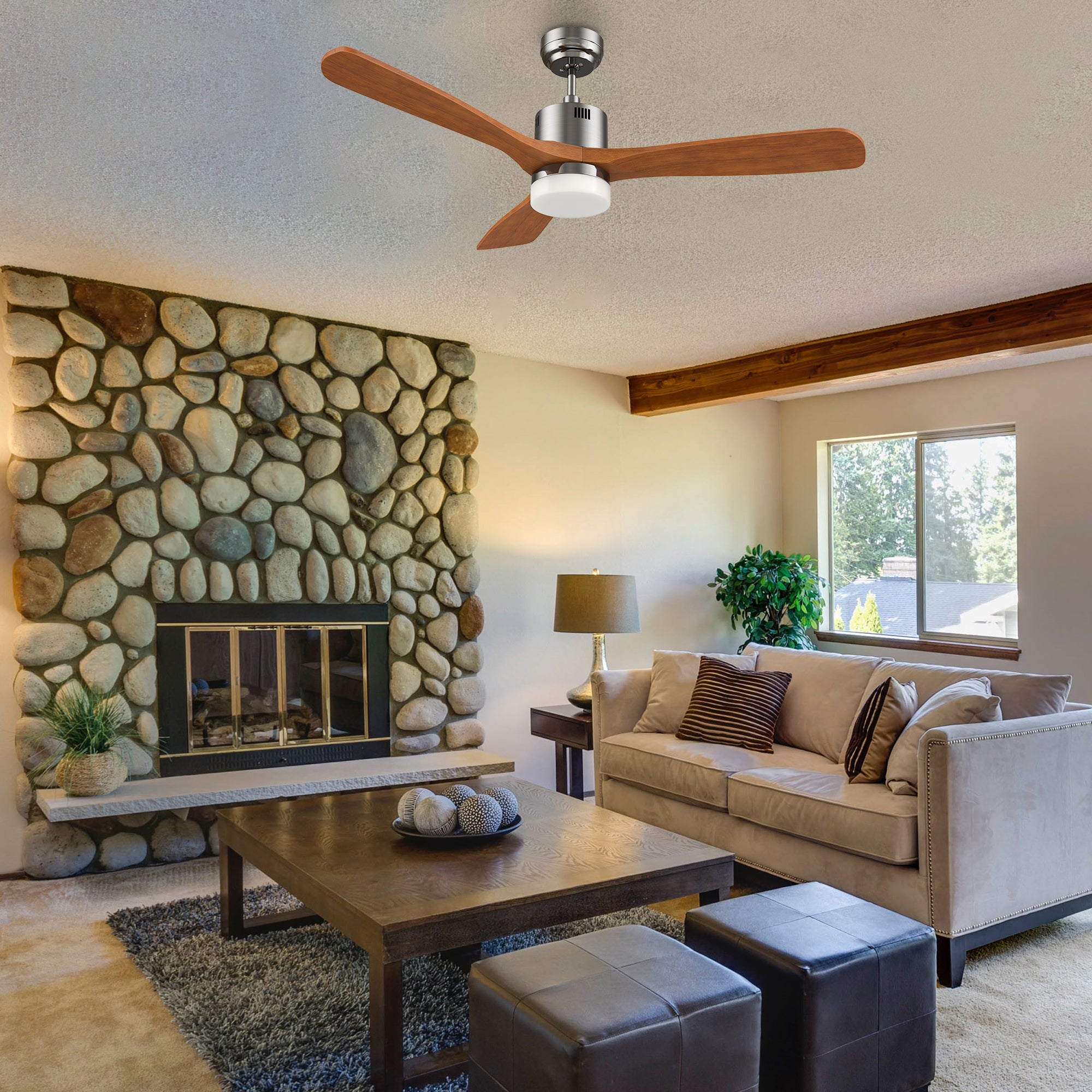 This Eton52&#39;&#39; smart ceiling fan keeps your space cool, bright, and stylish. It is a soft modern masterpiece perfect for your large indoor living spaces. This Wifi smart ceiling fan is a simplicity designing with Silver finish, use elegant Solid Wood blades and has an integrated 4000K LED daylight. The fan features Remote control, Wi-Fi apps, Siri Shortcut and Voice control technology (compatible with Amazon Alexa and Google Home Assistant ) to set fan preferences.