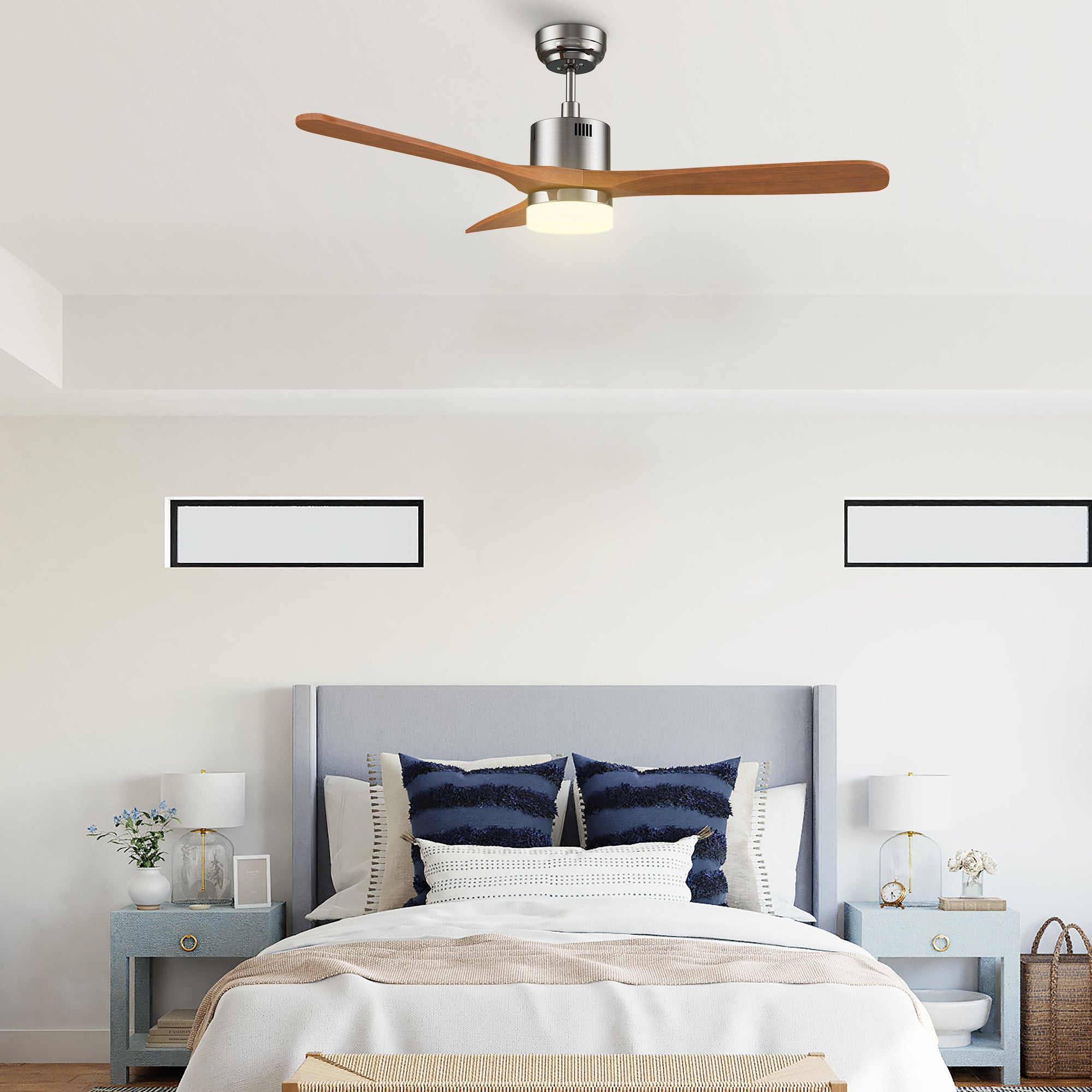 This Eton52&#39;&#39; smart ceiling fan keeps your space cool, bright, and stylish. It is a soft modern masterpiece perfect for your large indoor living spaces. This Wifi smart ceiling fan is a simplicity designing with Silver finish, use elegant Solid Wood blades and has an integrated 4000K LED daylight. The fan features Remote control, Wi-Fi apps, Siri Shortcut and Voice control technology (compatible with Amazon Alexa and Google Home Assistant ) to set fan preferences.