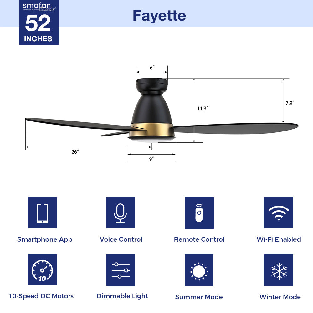 The Smafan Fayette smart ceiling fan is here to redefine the way you cool and light your home. The fan features a modern exterior, available in a pristine white or elegant black finish, graceful blades, and an alluring light cover to modernize any space in your home. The Fayette is also equipped with a powerful motor and versatile LED lighting so you can perfect your environment at the touch of a button. 